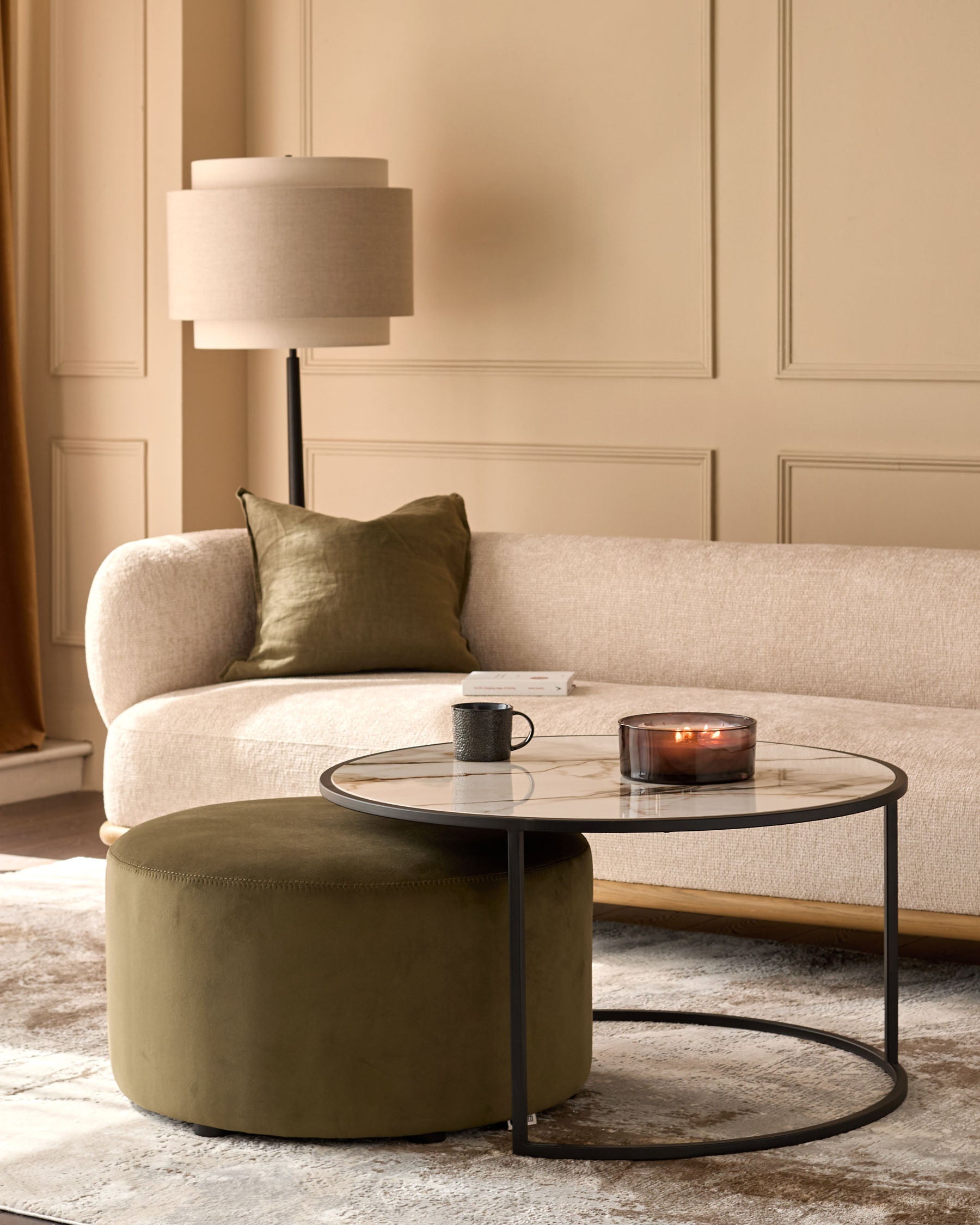 Thea natural ceramic coffee table and olive green velvet pouffe set