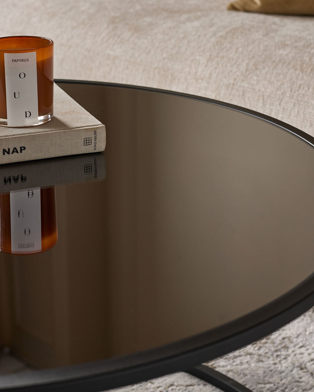 Thea smoked mirror coffee table and cream fabric pouffe set