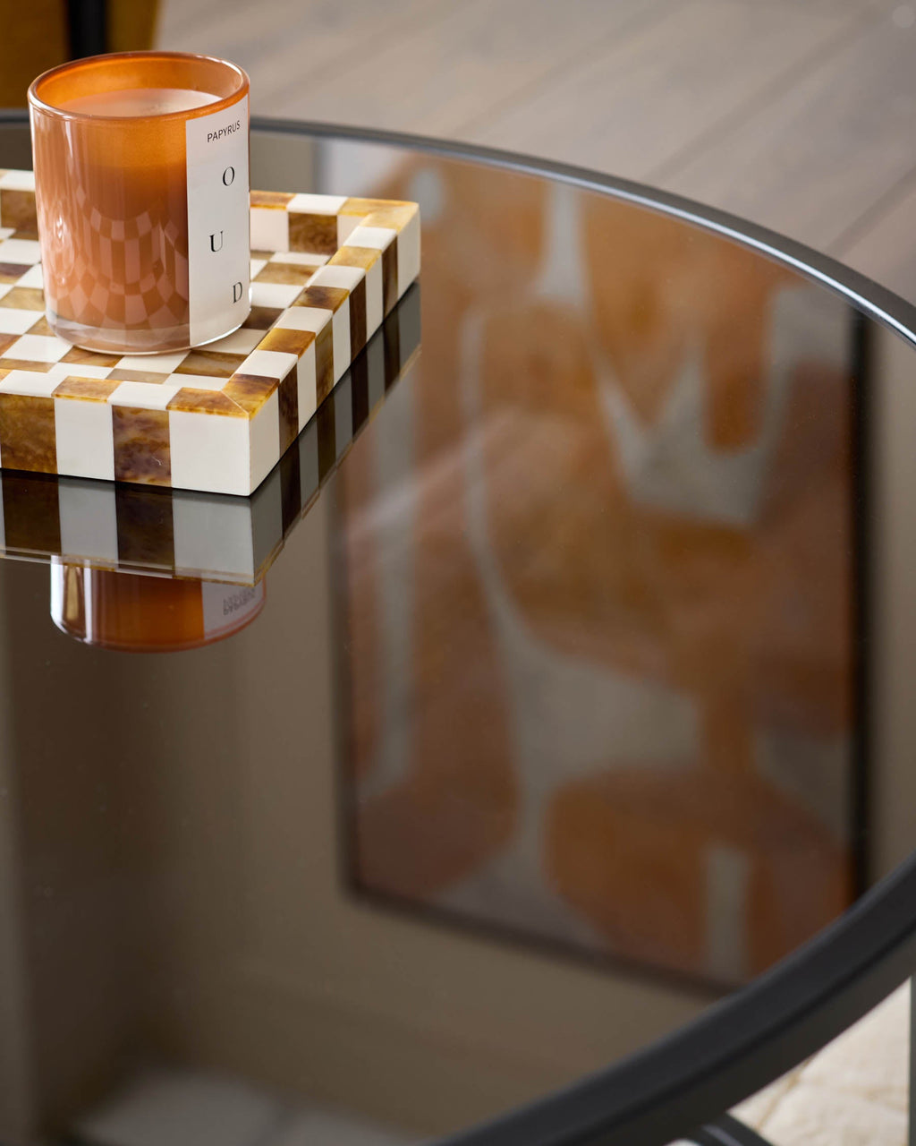 Thea smoked mirror coffee table and light grey fabric pouffe set