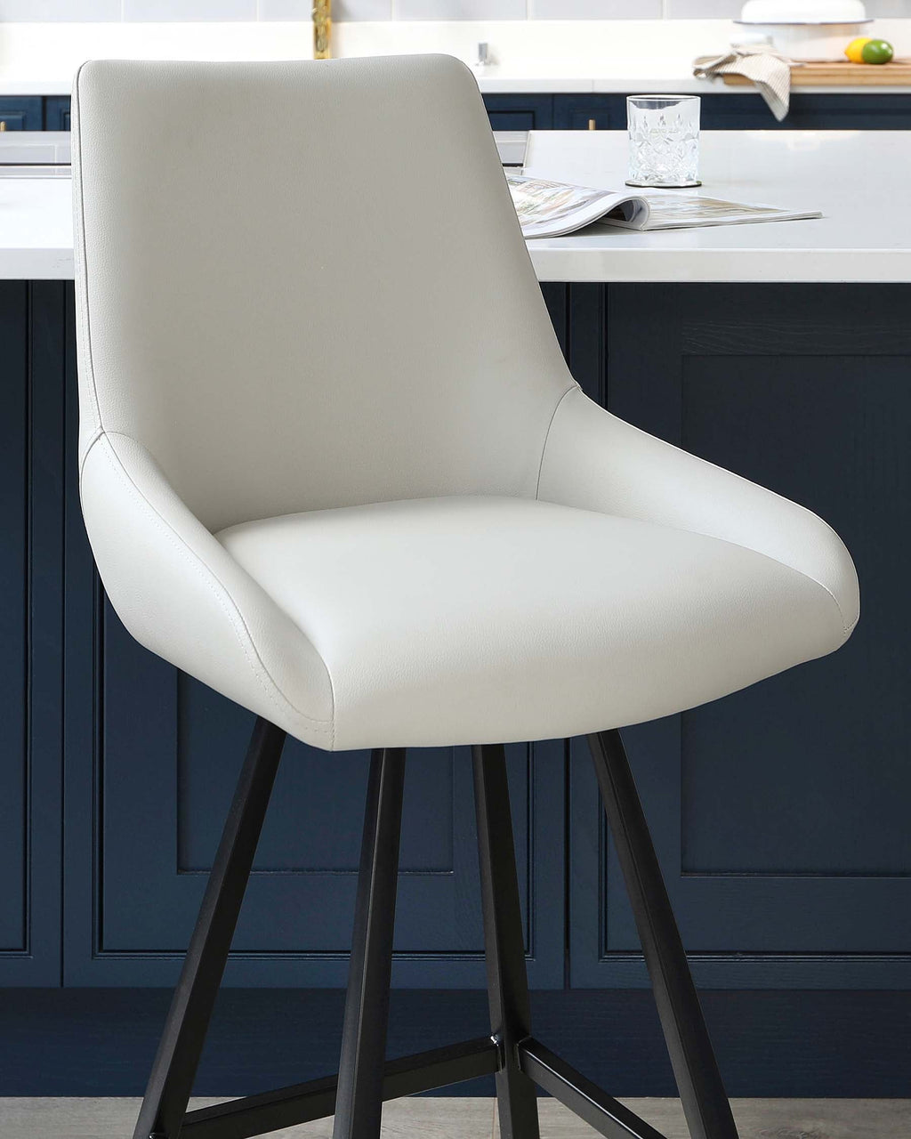 Theo Light Grey Faux Leather Swivel Bar Stool With Black Legs