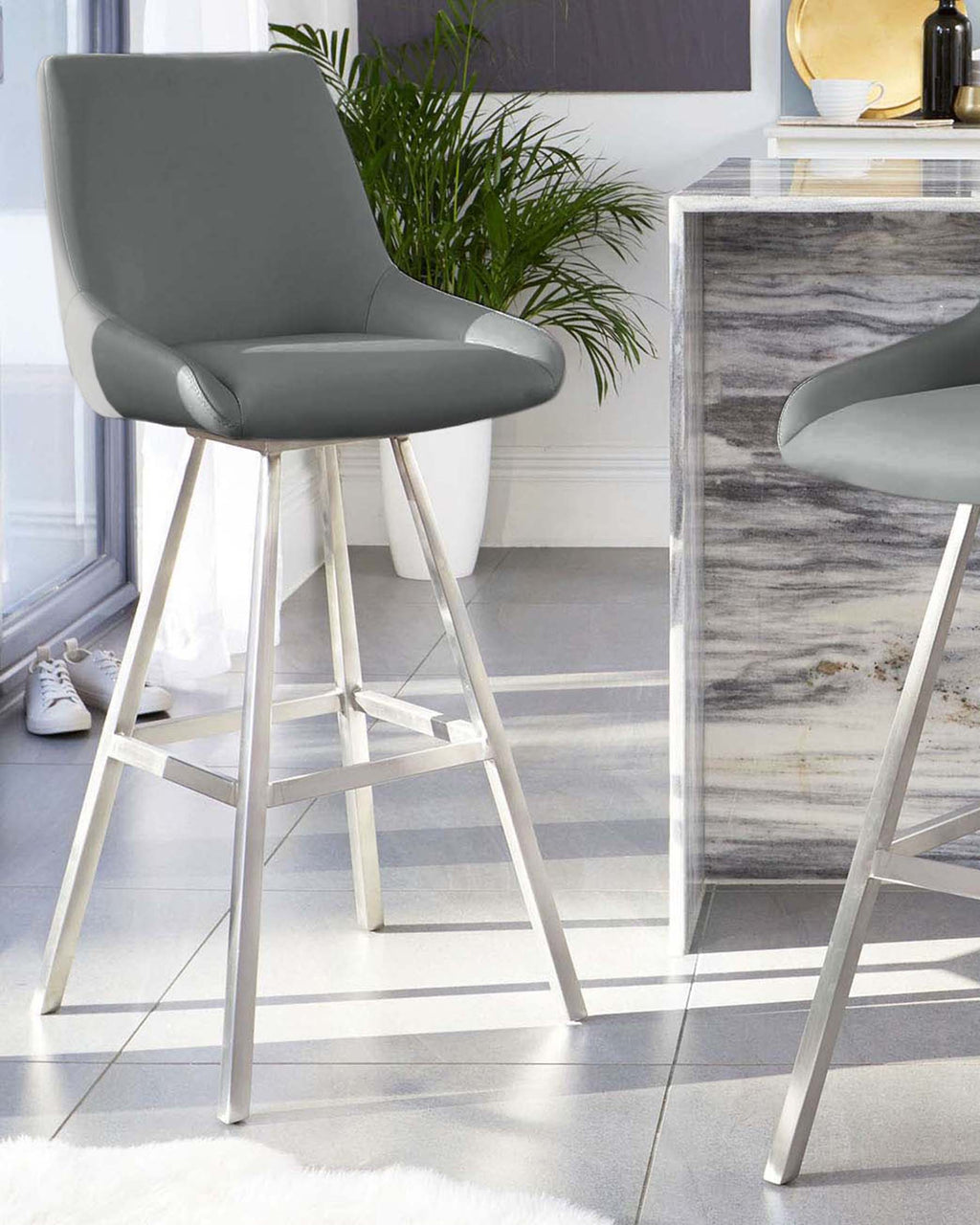 Theo Mid Grey Faux Leather Swivel Bar Stool