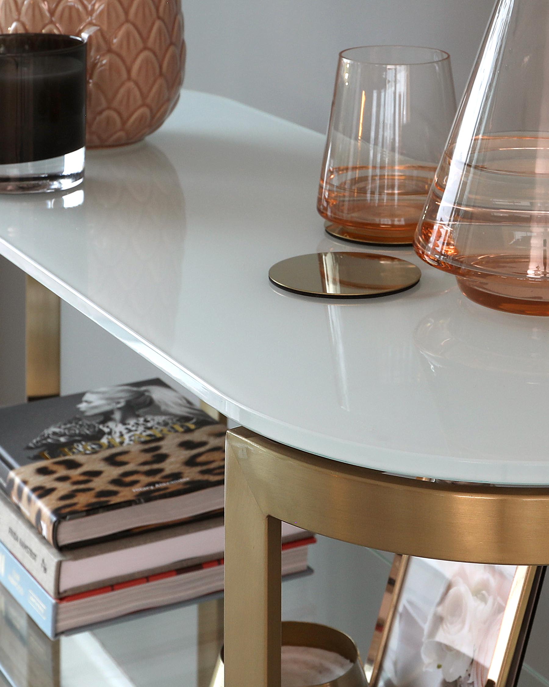 Isla White Glass And Brass Console Table