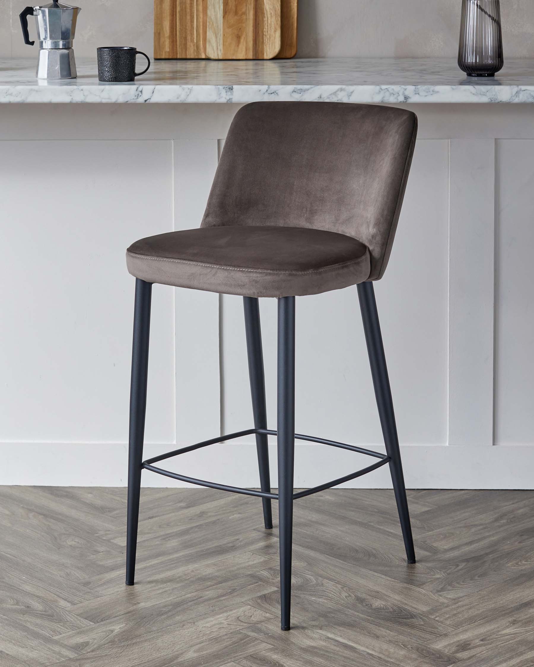 Trinny Black Metal Bar Stool in Mocha Plush Velvet