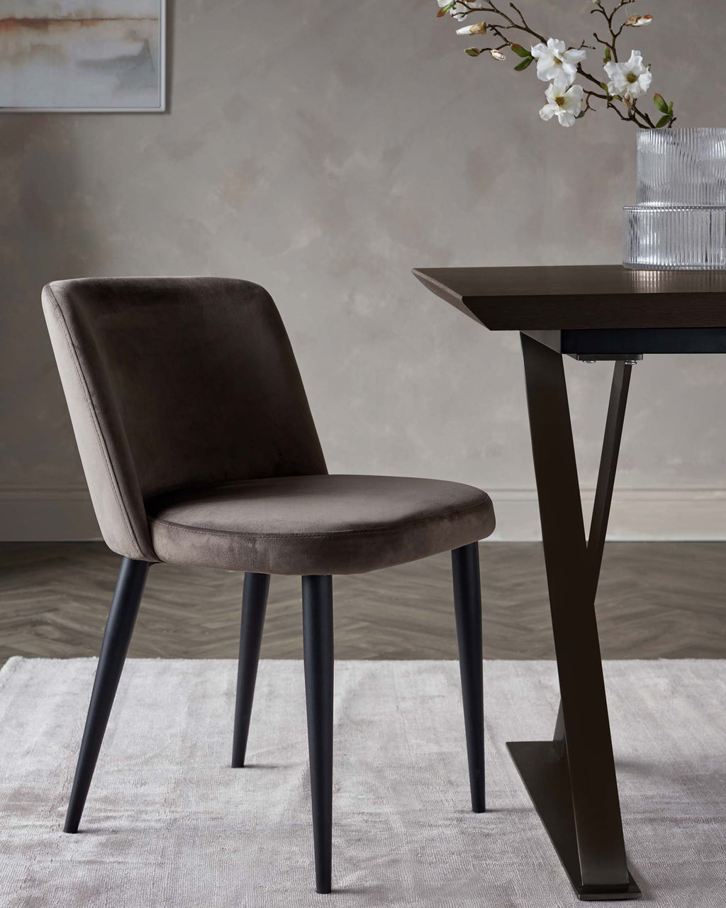 Trinny Black Metal Dining Chair in Mocha Plush Velvet