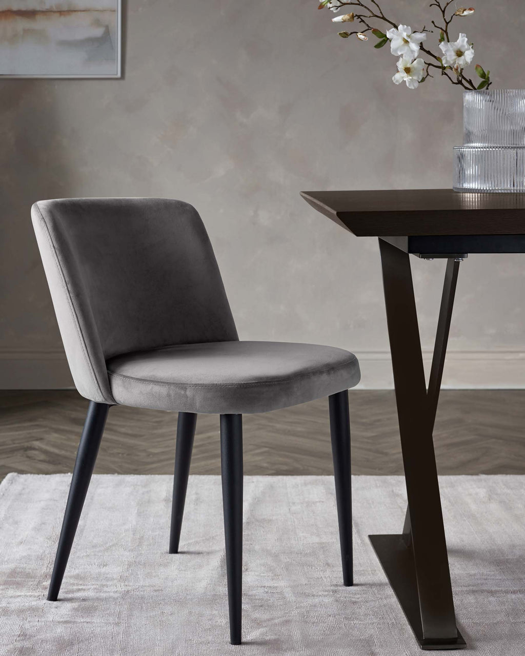 Trinny Black Metal Dining Chair in Dark Grey Plush Velvet