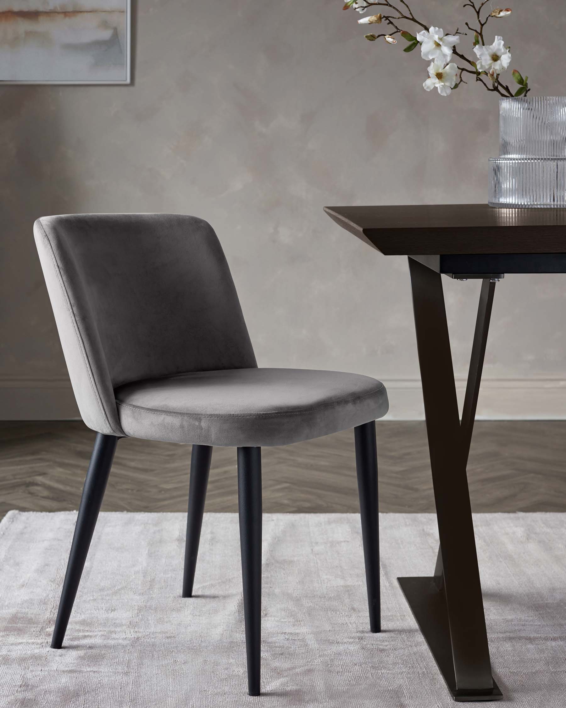 Trinny Black Metal Dining Chair in Dark Grey Plush Velvet