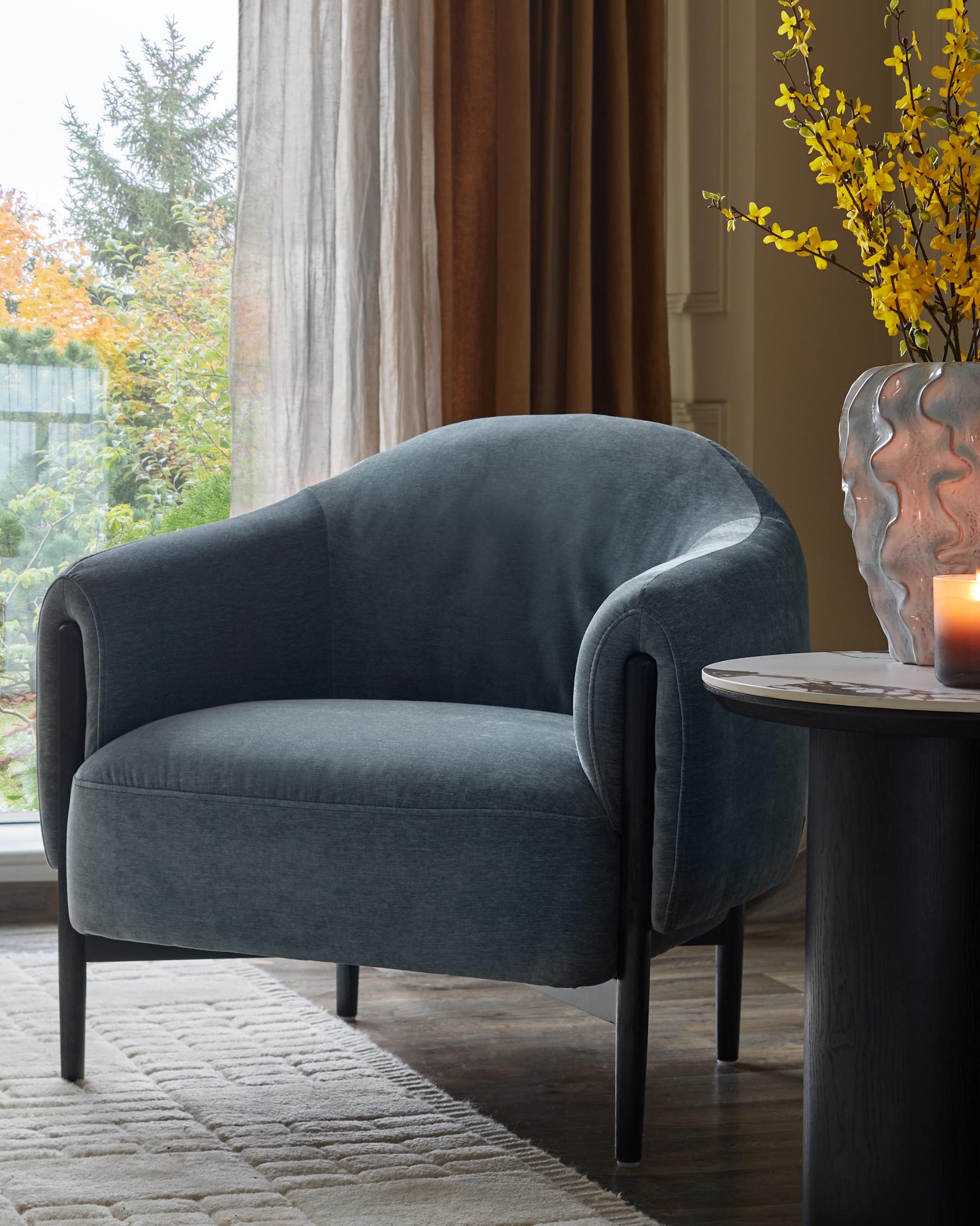 Tristan blue grey fabric accent chair with black wood