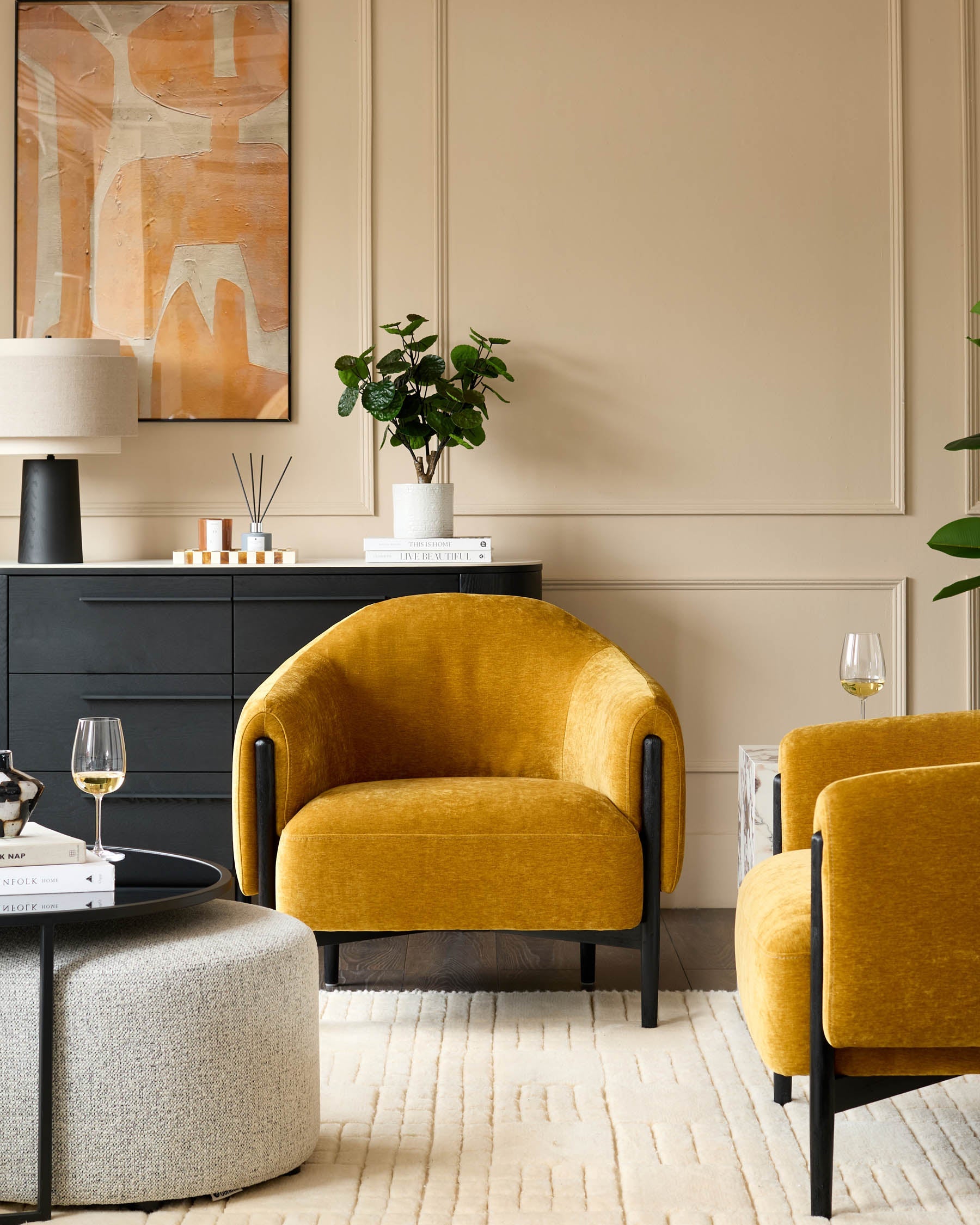 Tristan ochre fabric accent chair with black wood