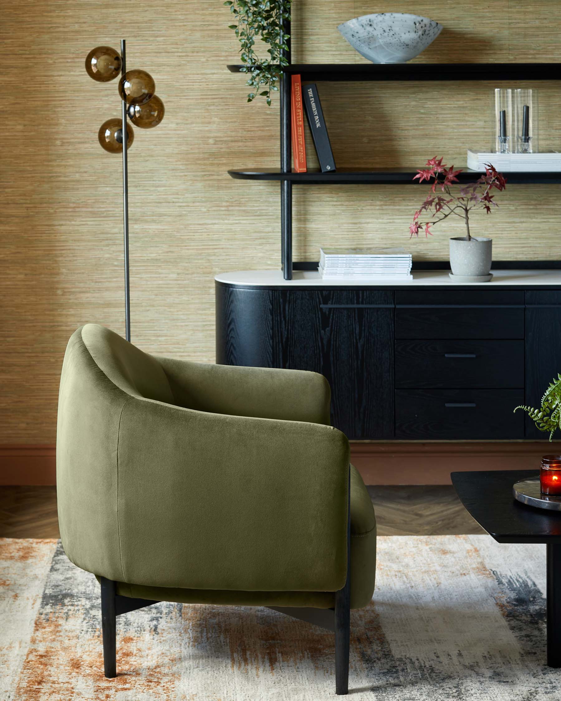 Tristan Olive Green Velvet Accent Chair with Black Wood