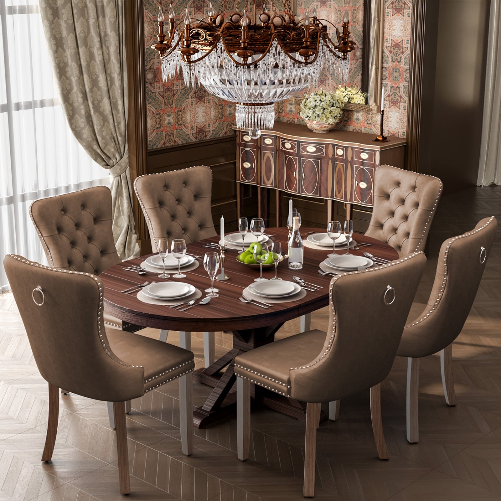 Upholstered Tufted Velvet Dining Chair with Solid Wood Legs Set of 6