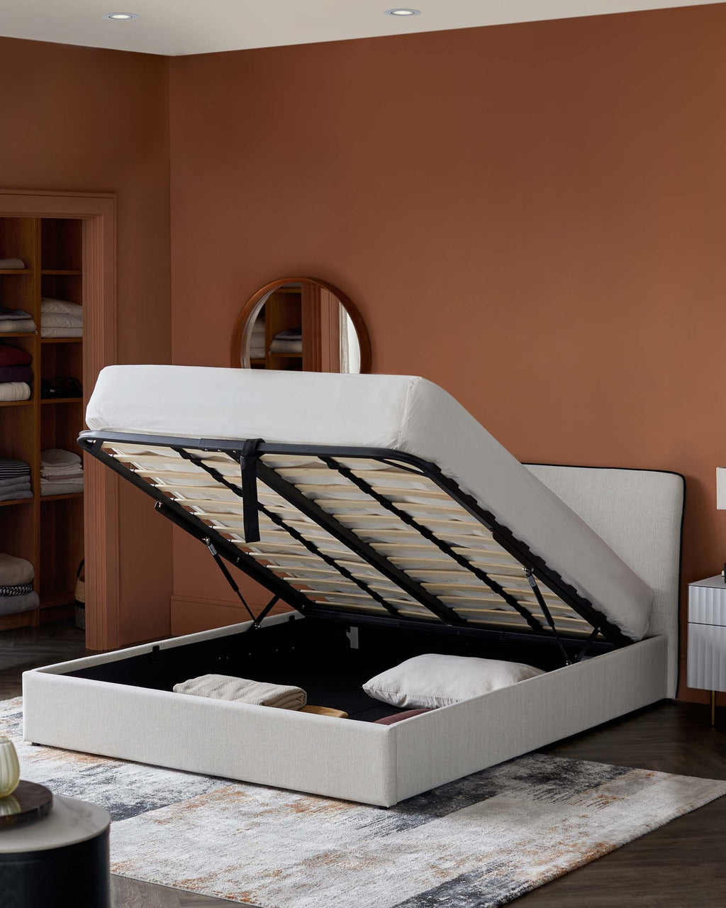 Turin ivory fabric king size ottoman storage bed