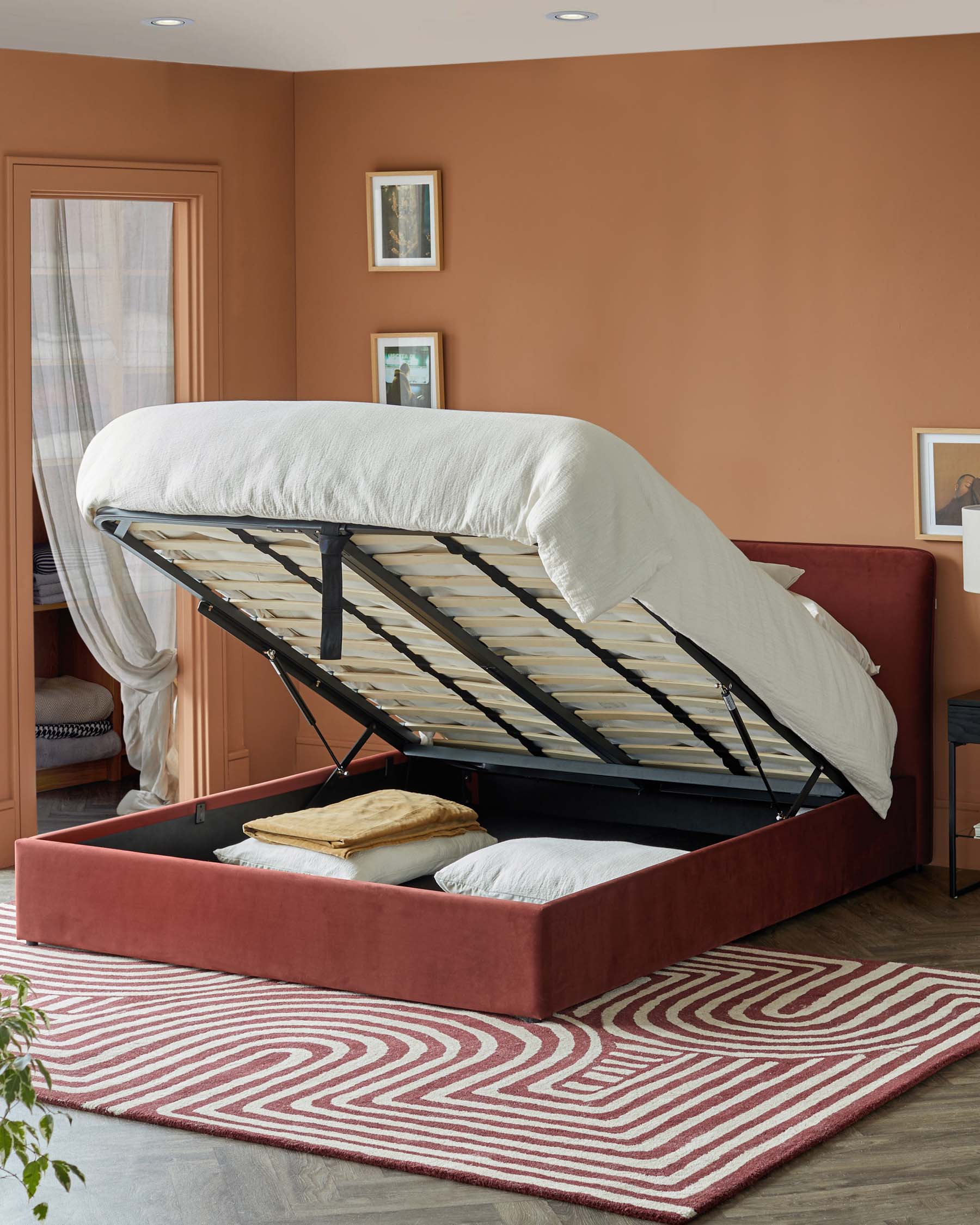 Turin toffee red velvet double ottoman storage bed