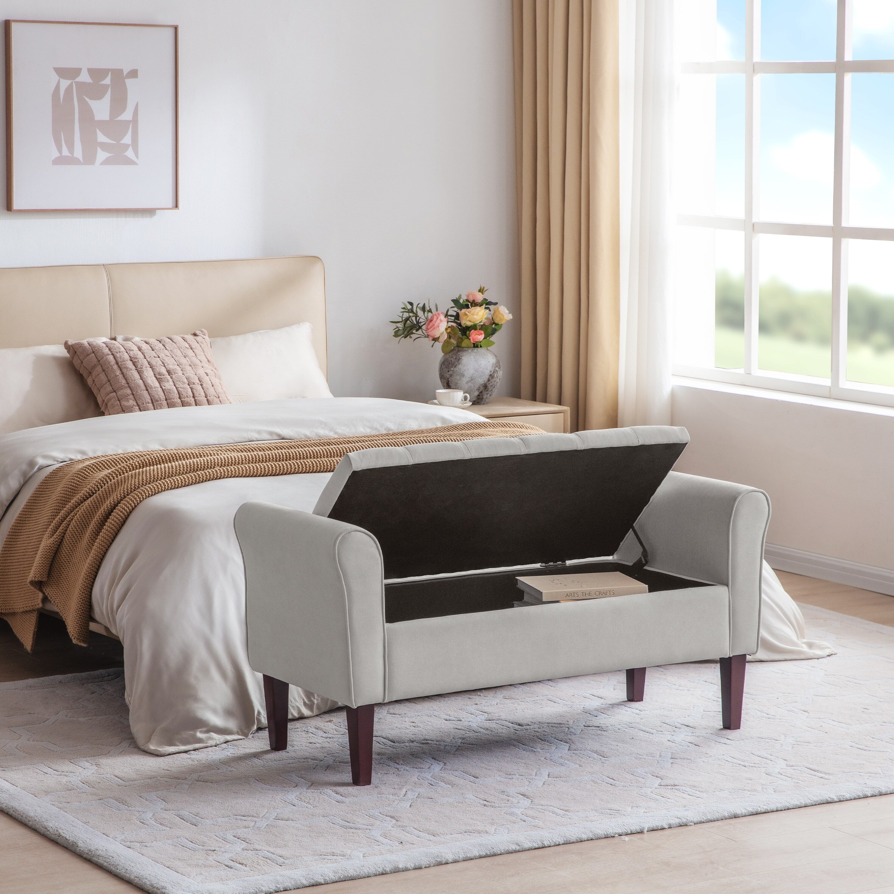 Upholstered Storage Bench Arm Bench Entryway Bench with Tufted Flip Top 50.4 Inches