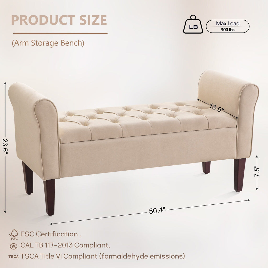Upholstered Storage Bench Arm Bench Entryway Bench with Tufted Flip Top 50.4 Inches