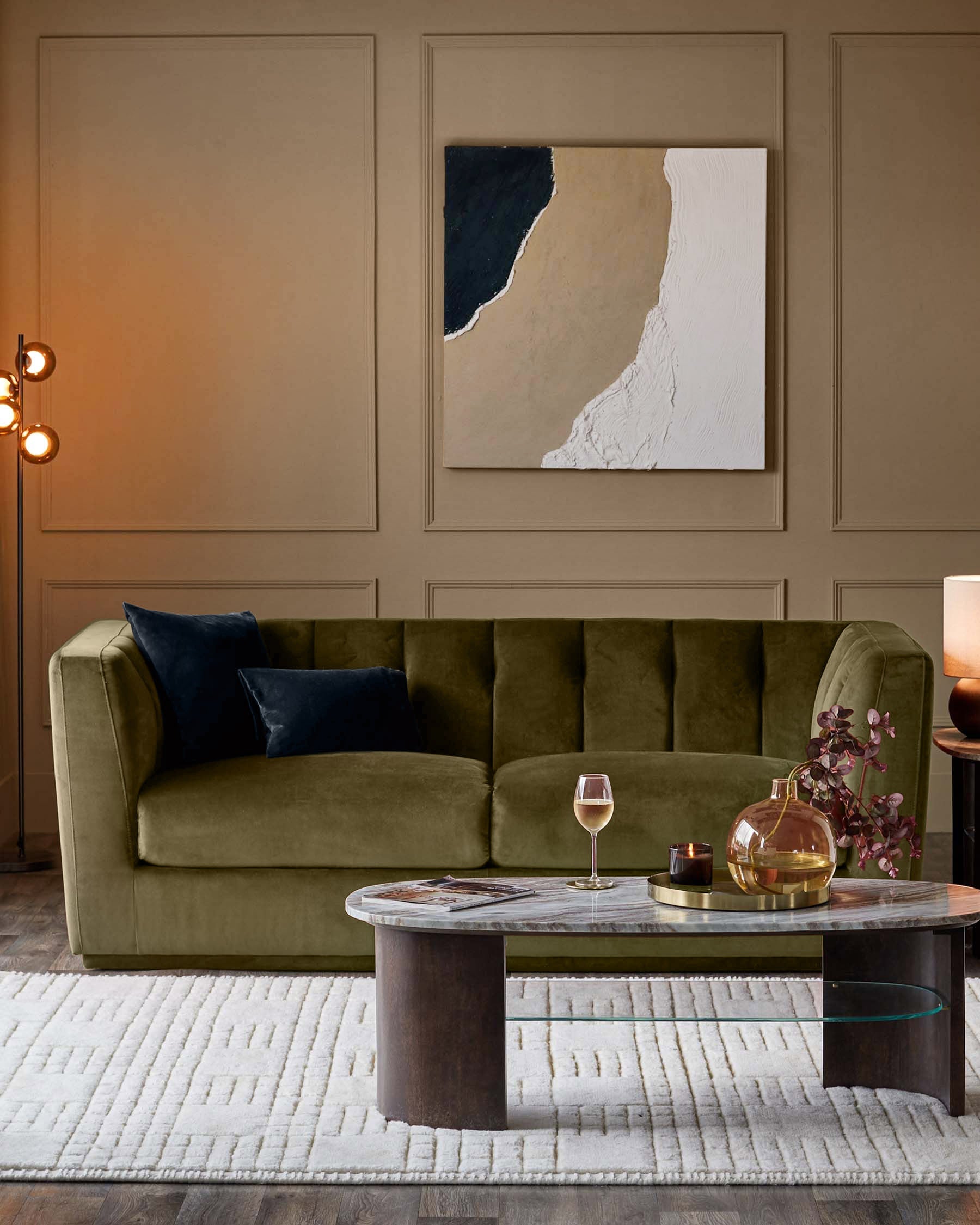 Valentina olive green velvet 3 seater sofa