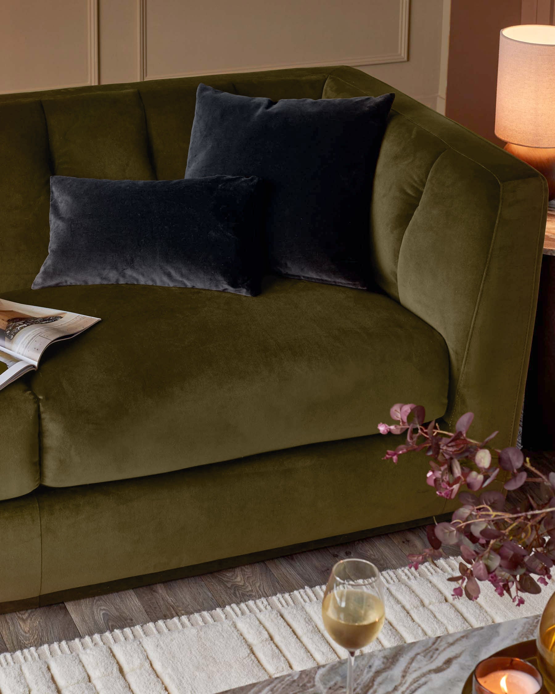Valentina olive green velvet 2 seater sofa