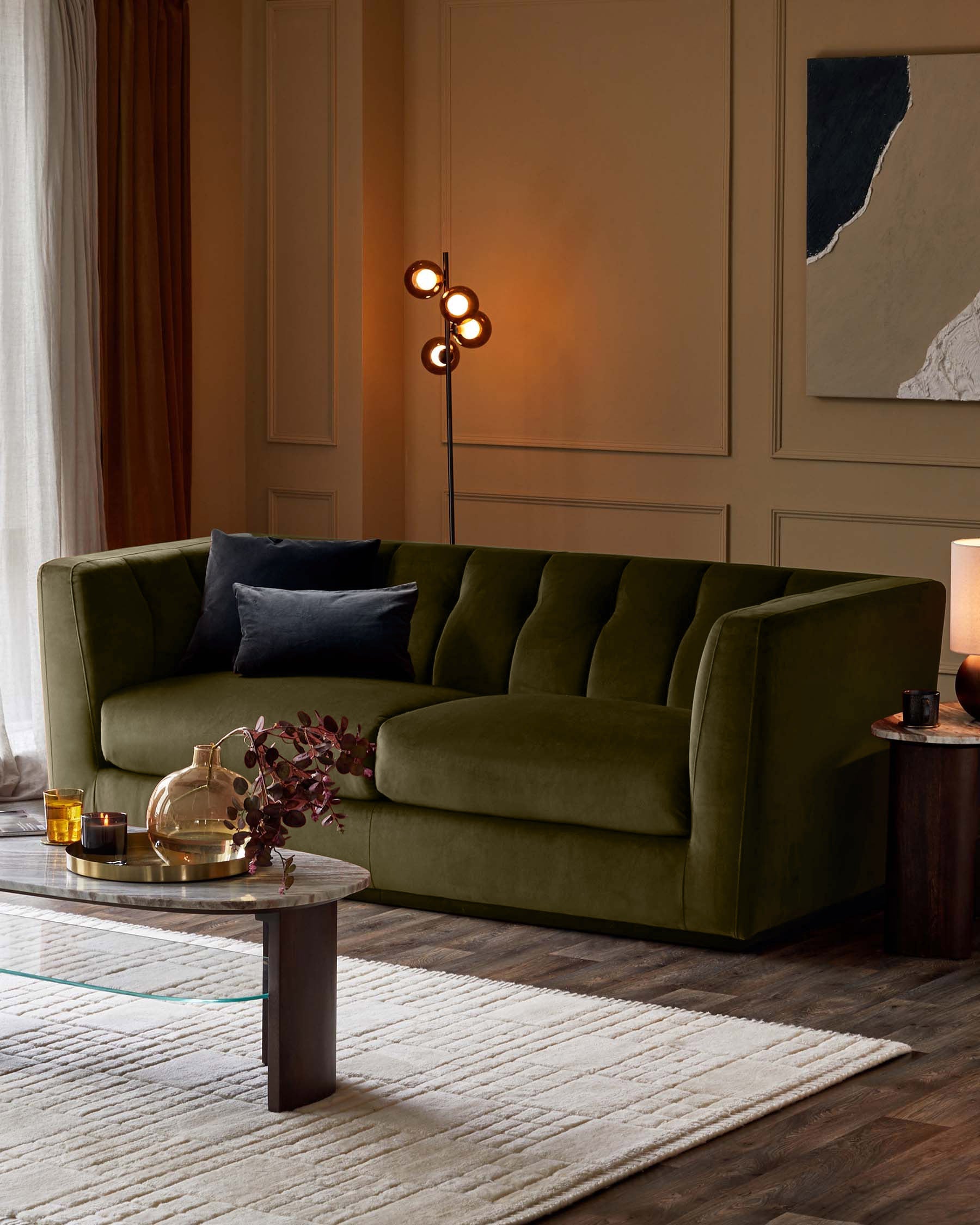 Valentina olive green velvet 3 seater sofa