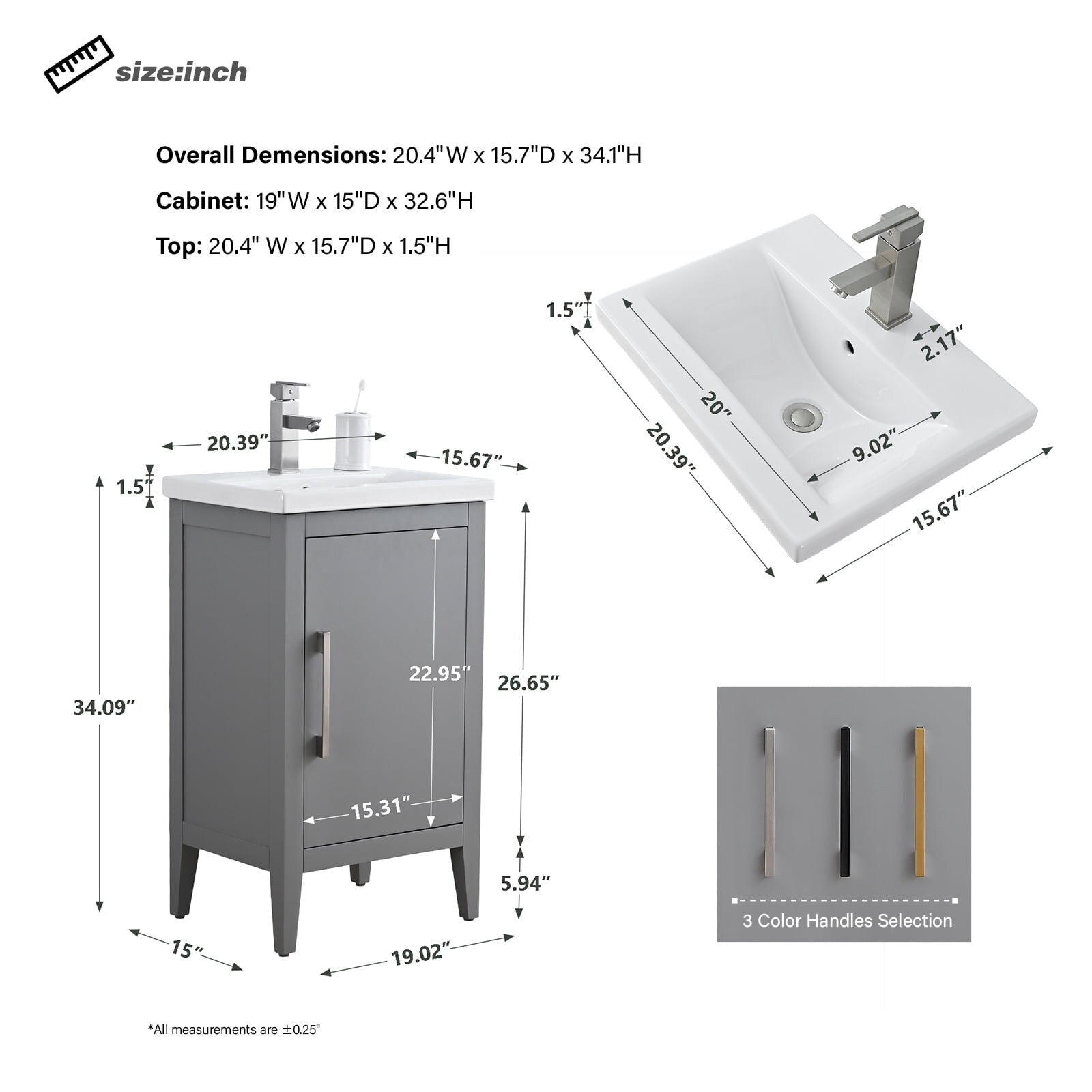 Vanity Art 20 or 24 or 30 Single Sink Bathroom Vanity Cabinet with Ceramic Top