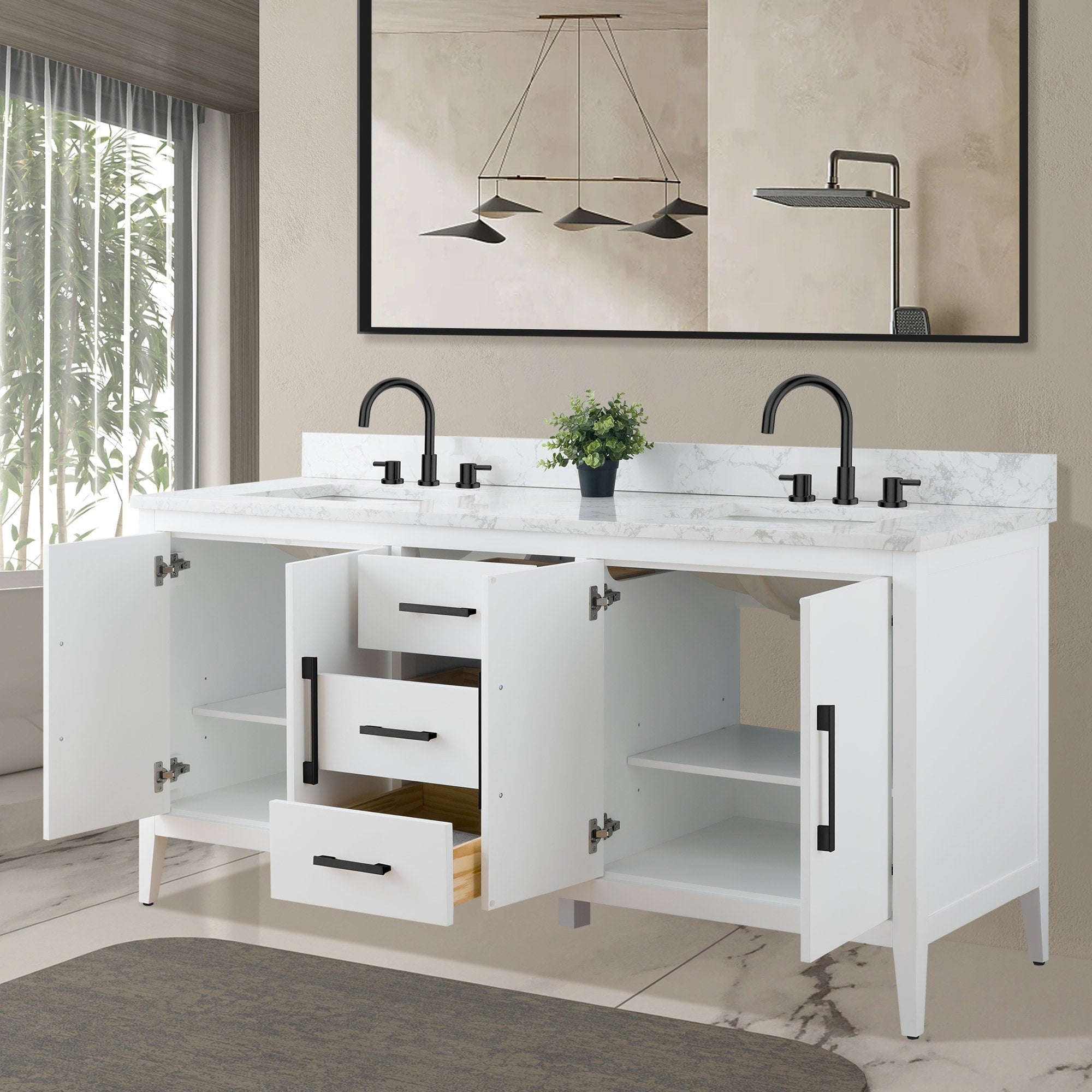 Vanity Art 72 Double Sink Bathroom Vanity Cabinet with Engineered Marble Top