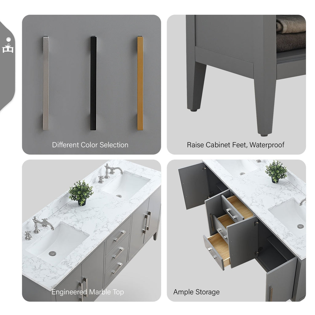 Vanity Art 72 Double Sink Bathroom Vanity Cabinet with Engineered Marble Top