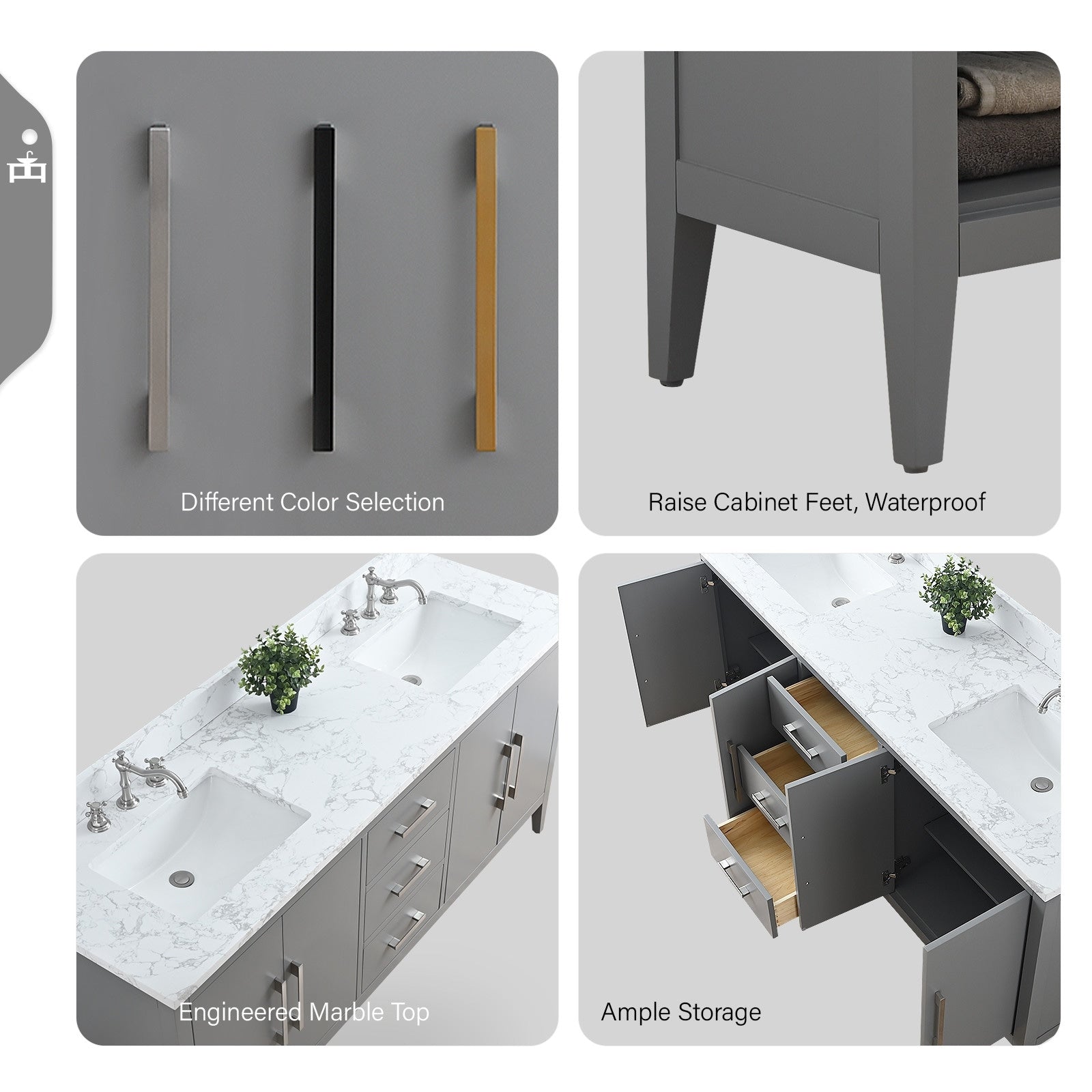 Vanity Art 72 Double Sink Bathroom Vanity Cabinet with Engineered Marble Top