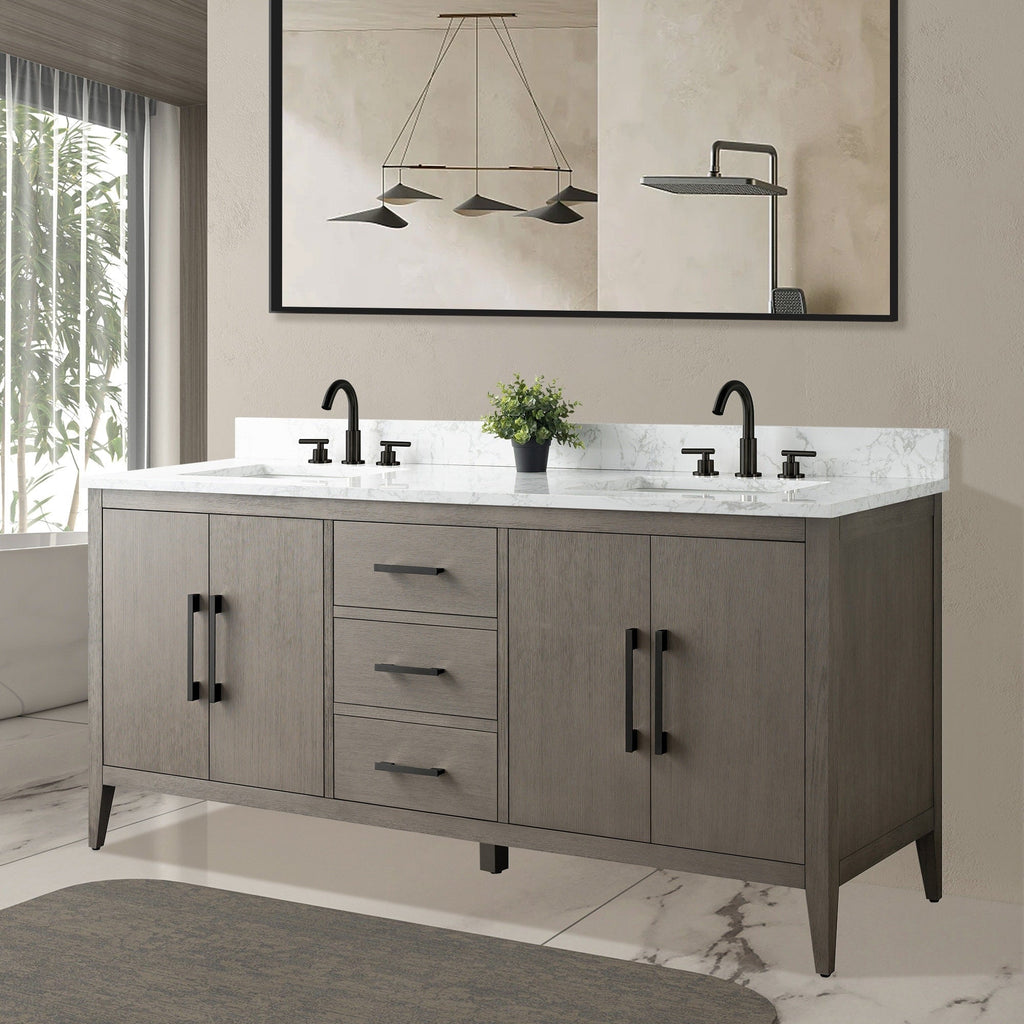 Vanity Art 72 Double Sink Bathroom Vanity Cabinet with Engineered Marble Top