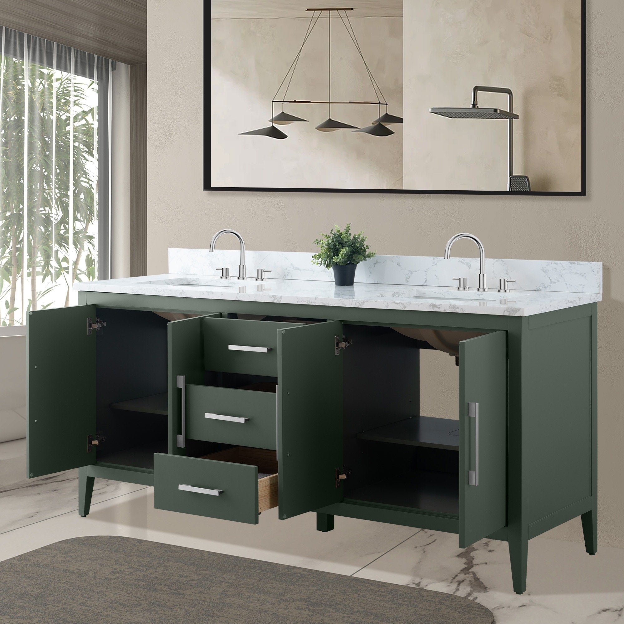 Vanity Art 72 Double Sink Bathroom Vanity Cabinet with Engineered Marble Top
