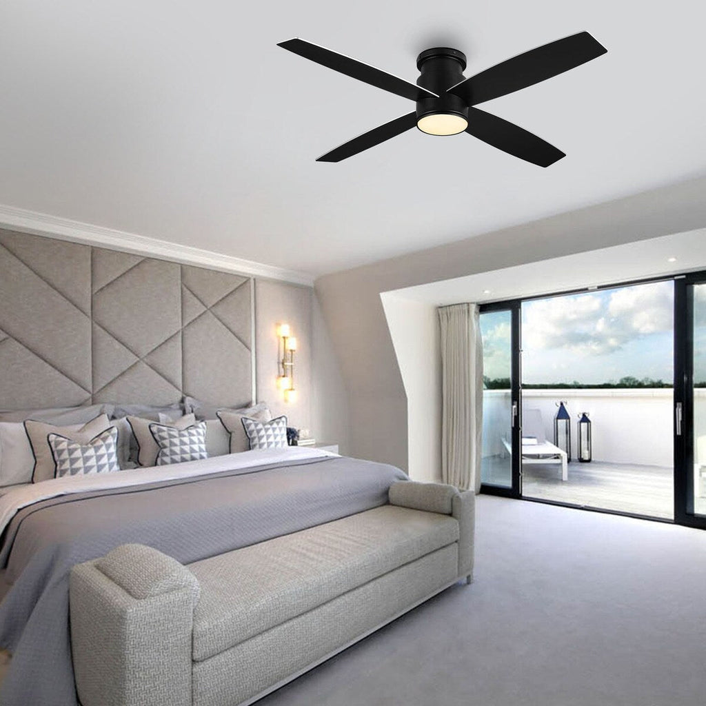 WINGBO 44/52 Inch Flush Mount DC Ceiling Fan with Lights and Remote, 4 Reversible Blades