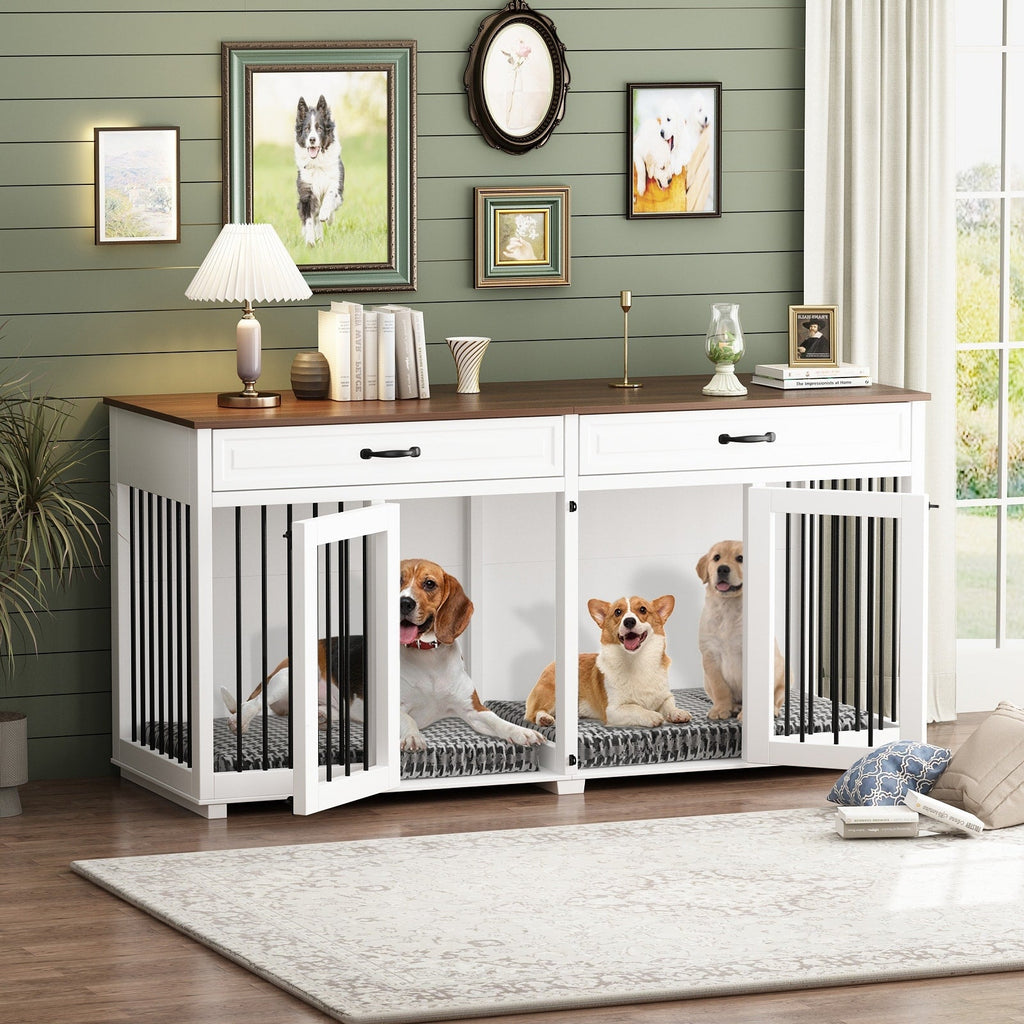 Wooden Double Dog Crate Kennel Furniture with 2 Drawers & Divider