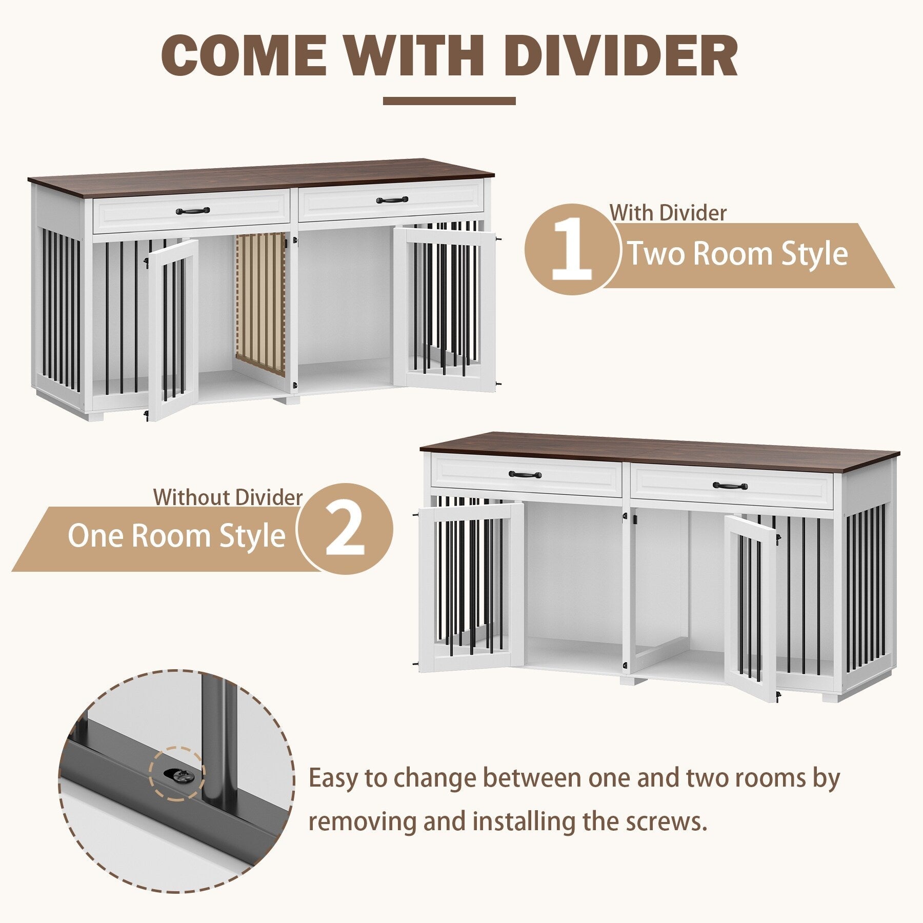 Wooden Double Dog Crate Kennel Furniture with 2 Drawers & Divider