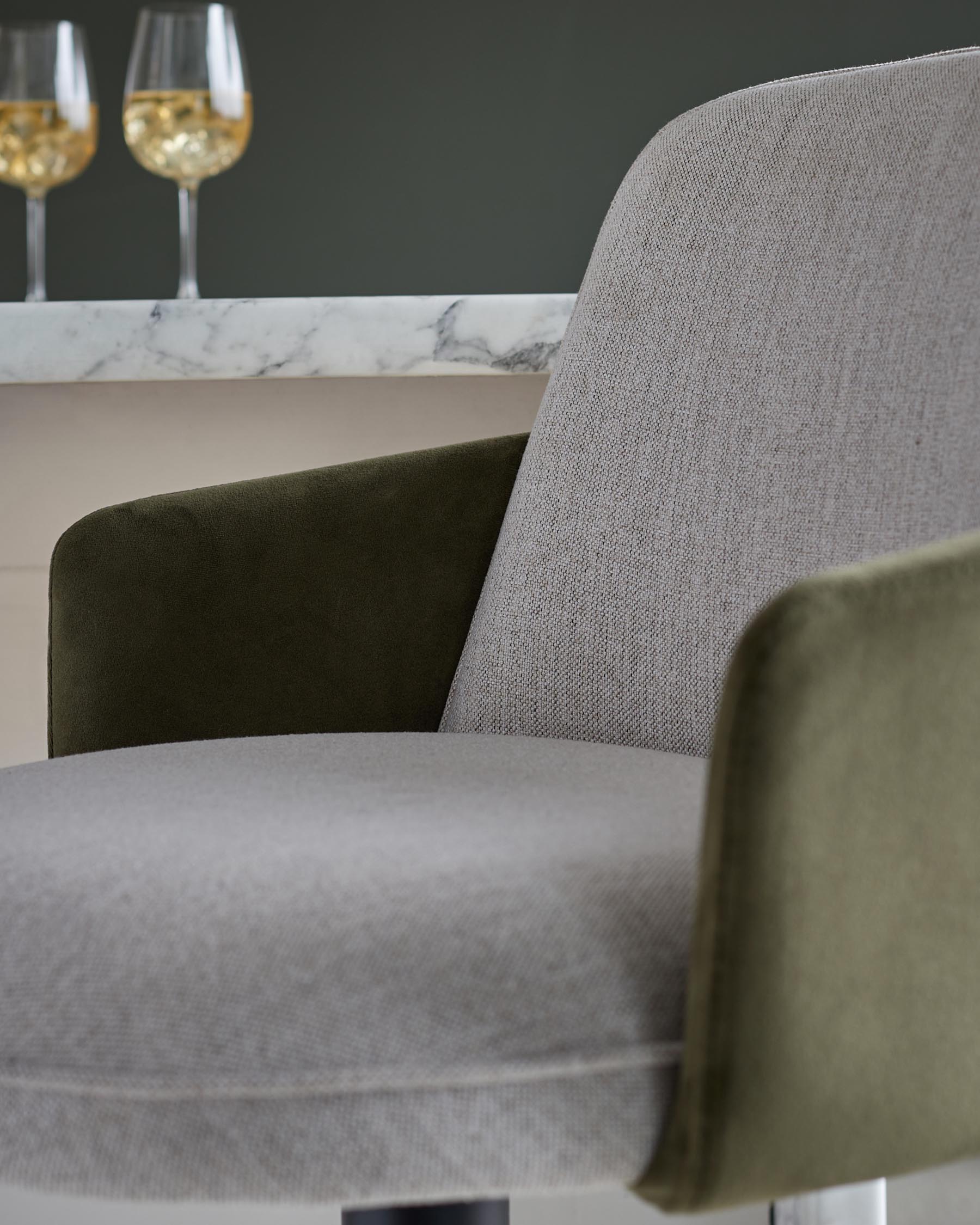 Wren natural fabric and olive green velvet gas lift bar stool