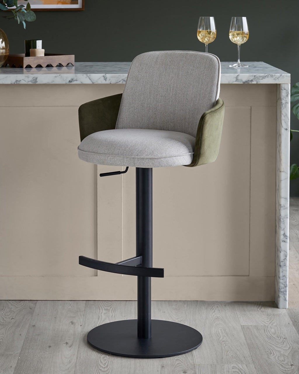 Wren natural fabric and olive green velvet gas lift bar stool