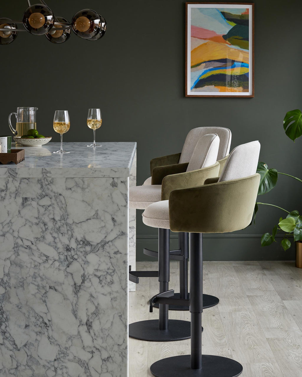 Wren natural fabric and olive green velvet gas lift bar stool