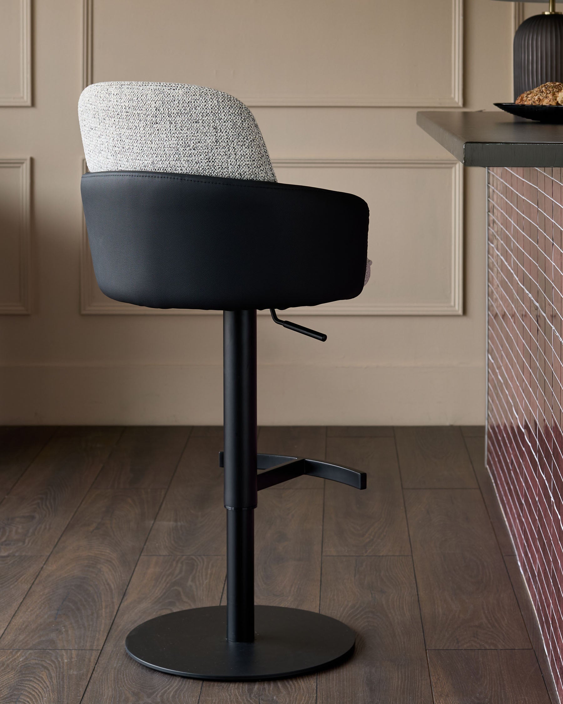 Wren grey fabric and black faux leather gas lift bar stool