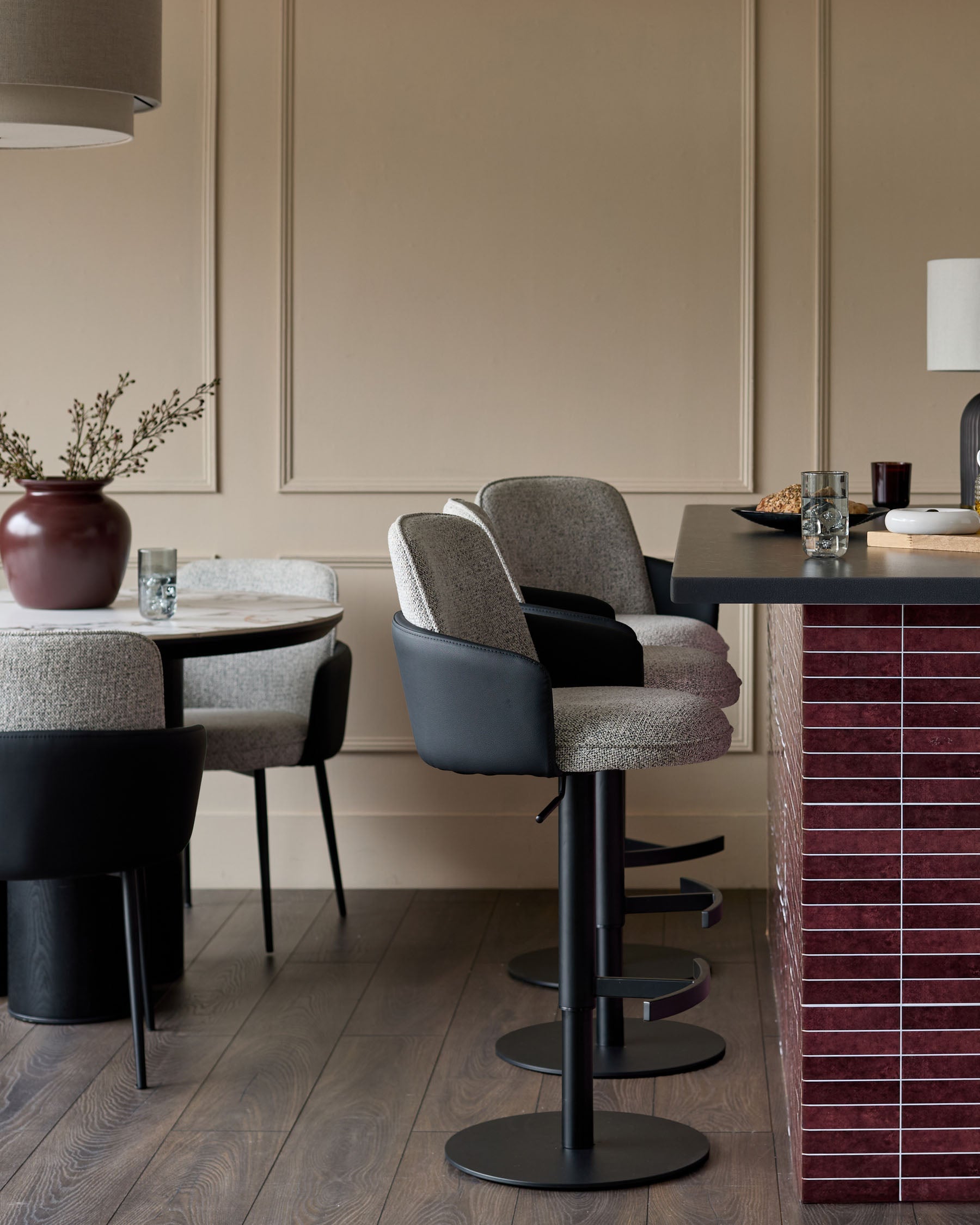 Wren grey fabric and black faux leather gas lift bar stool