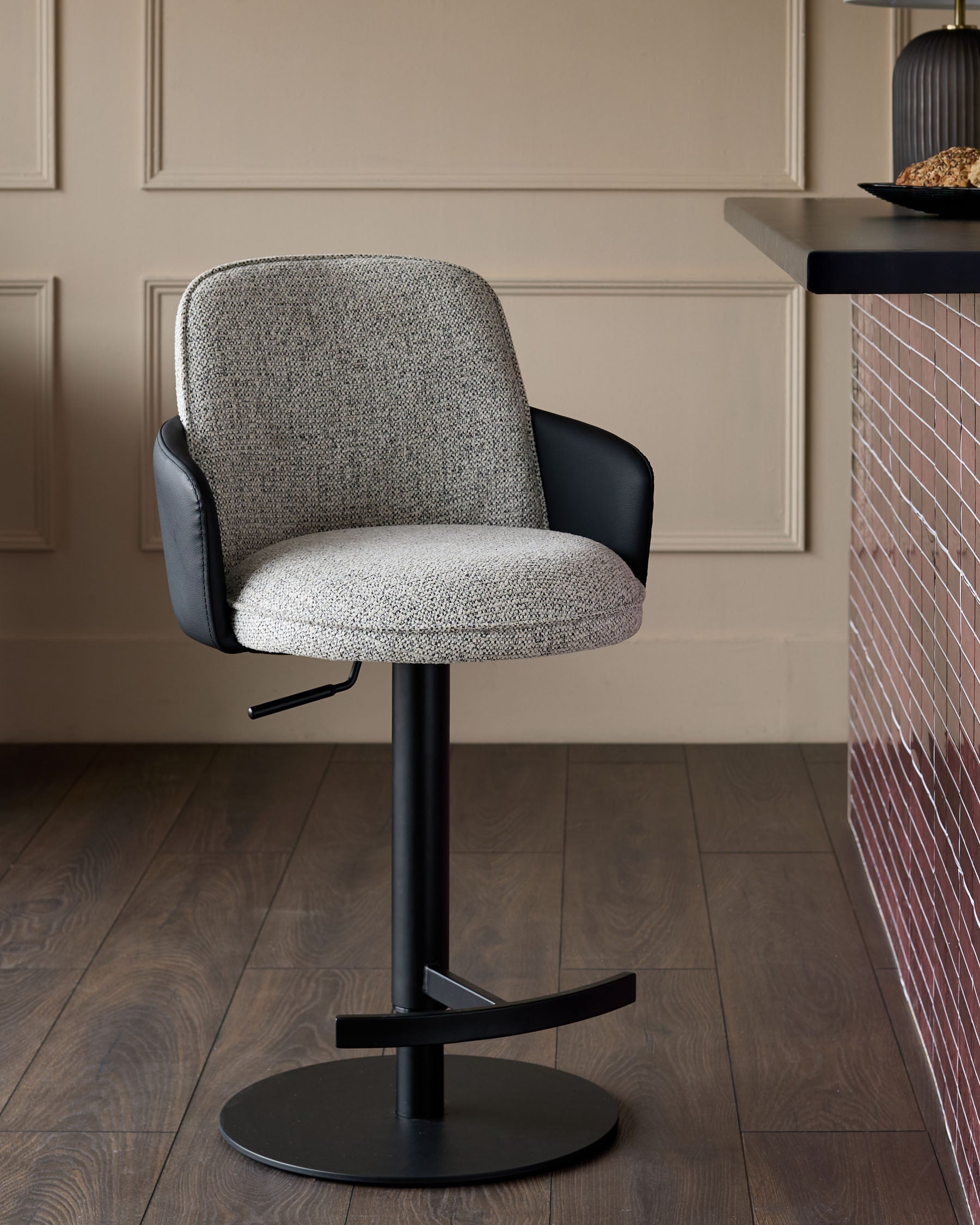 Wren grey fabric and black faux leather gas lift bar stool