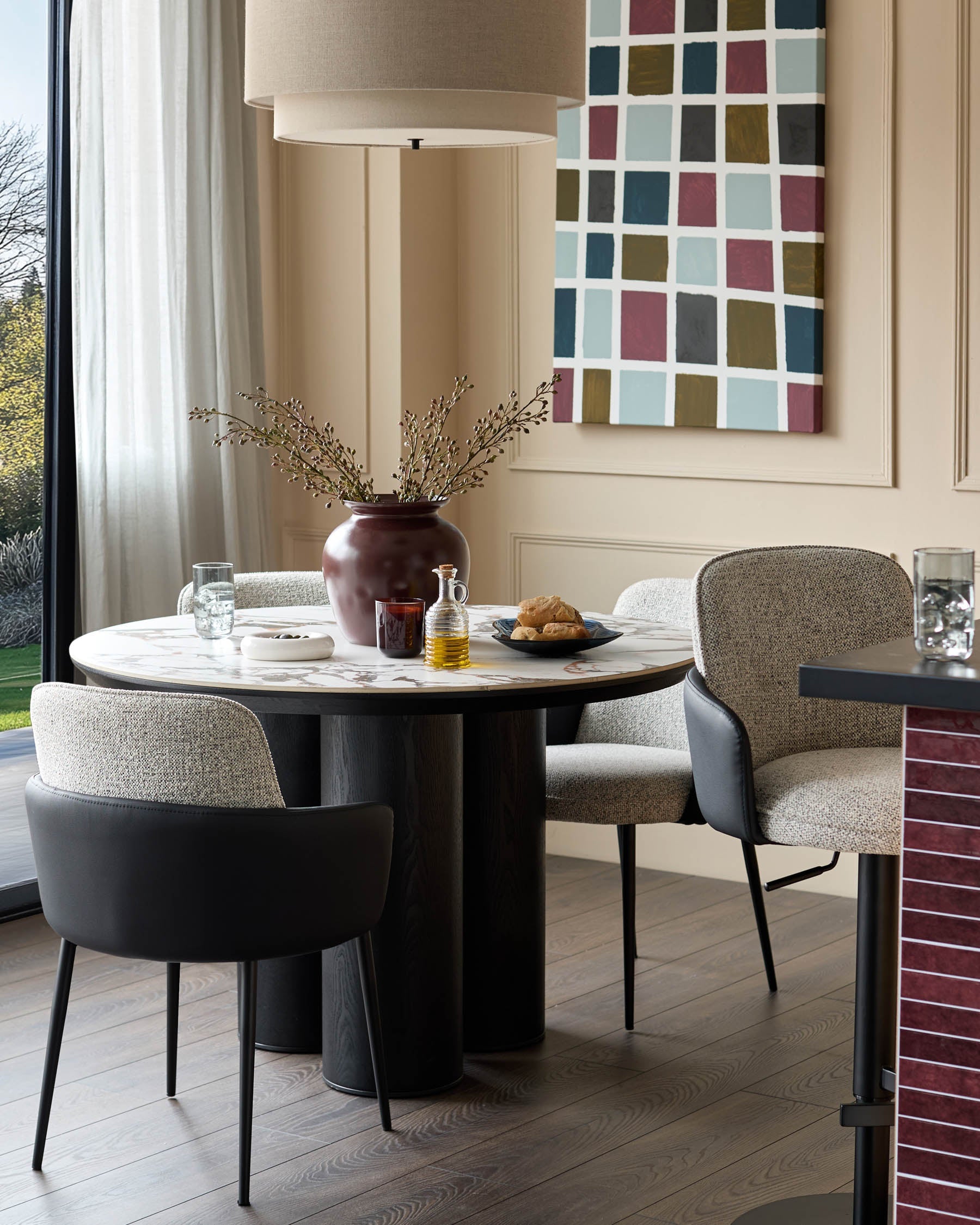 Wren grey fabric and black faux leather dining chair