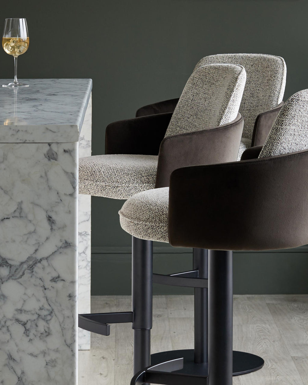 Wren grey fabric and mocha velvet gas lift bar stool