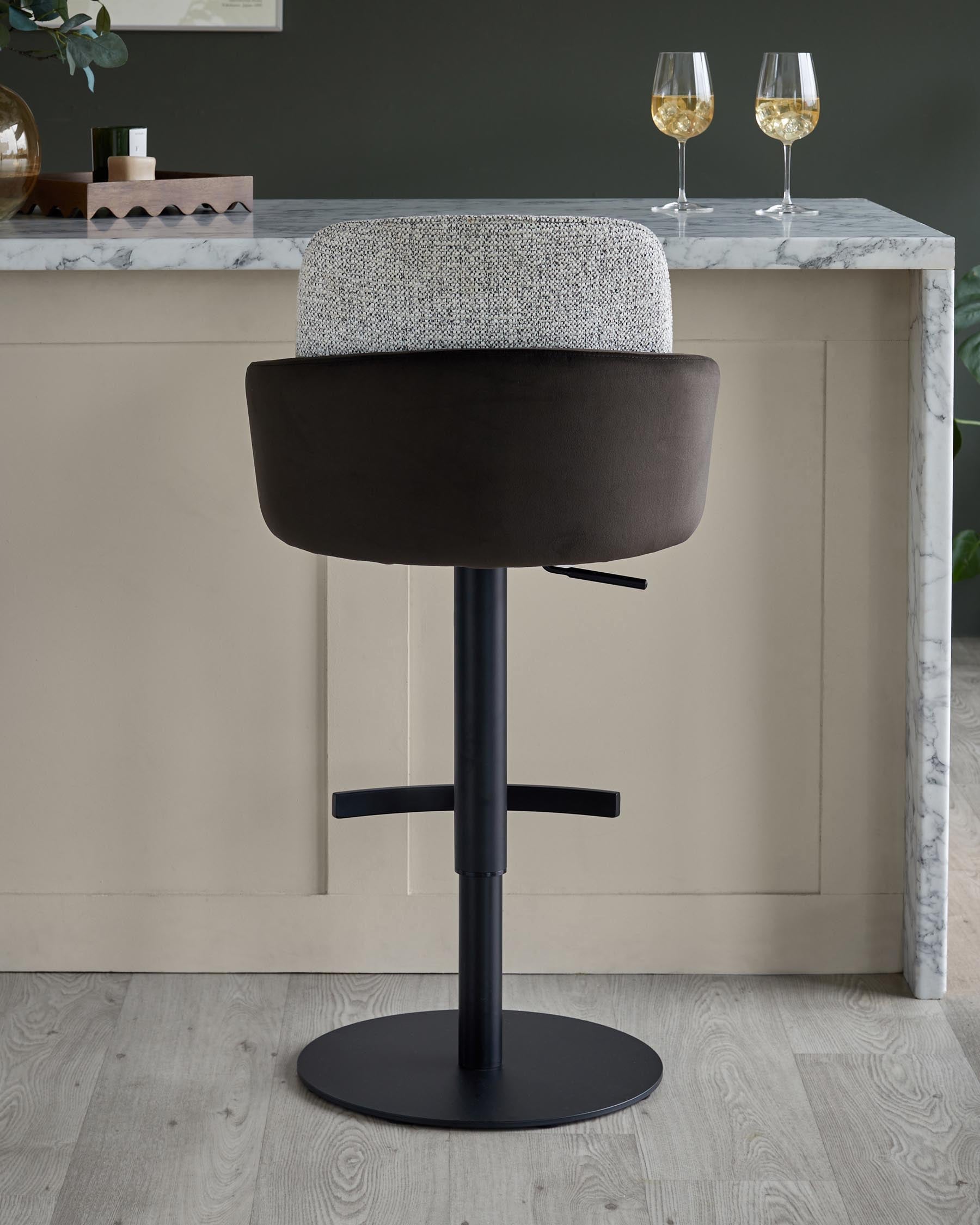 Wren grey fabric and mocha velvet gas lift bar stool