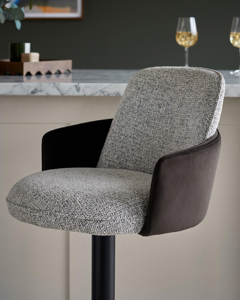 Wren grey fabric and mocha velvet gas lift bar stool
