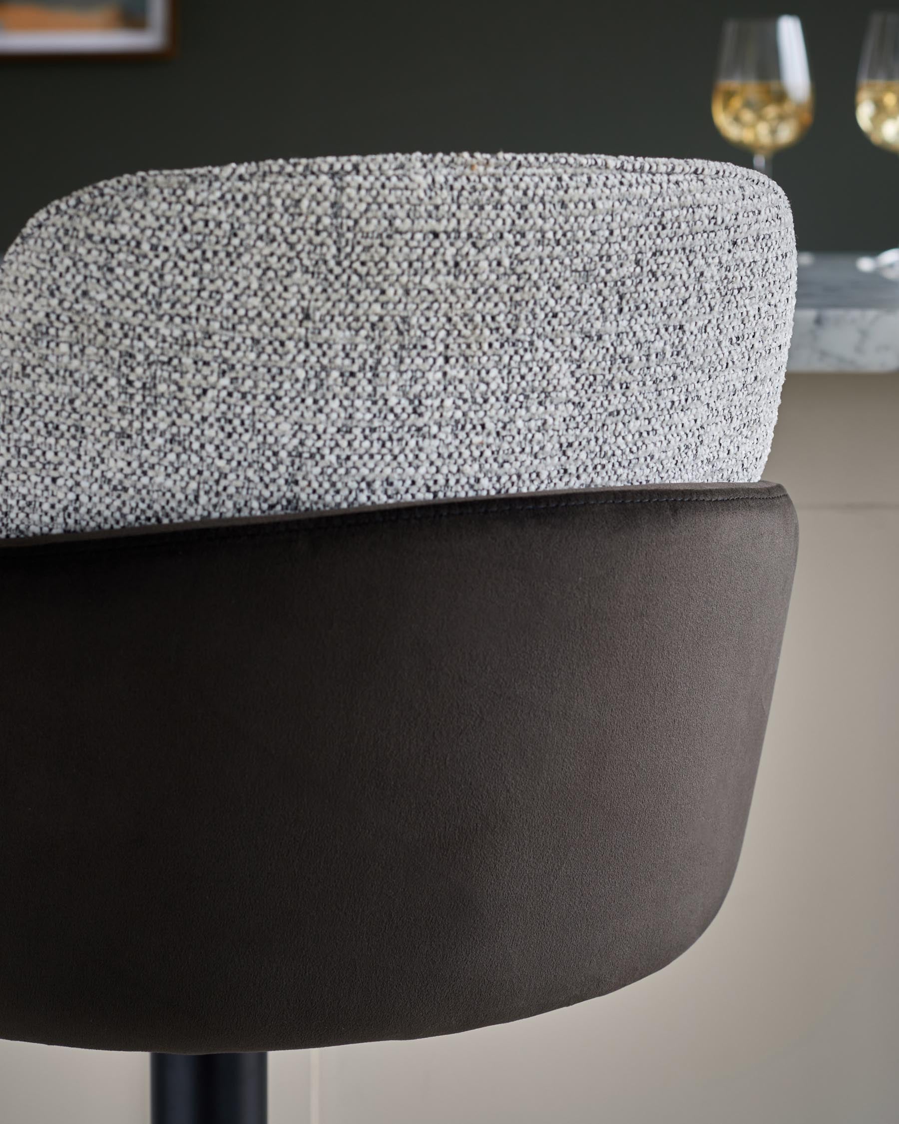 Wren grey fabric and mocha velvet gas lift bar stool