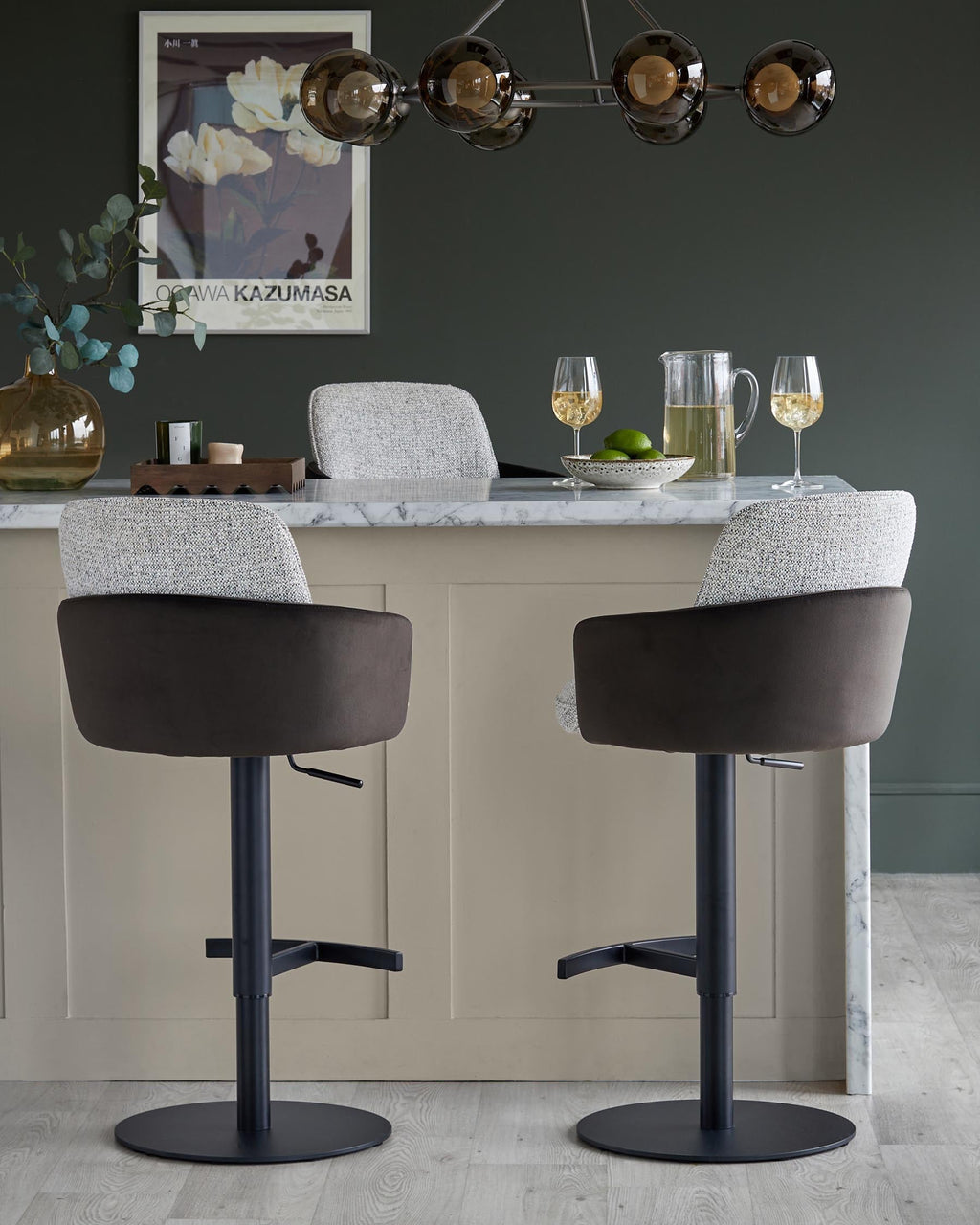 Wren grey fabric and mocha velvet gas lift bar stool