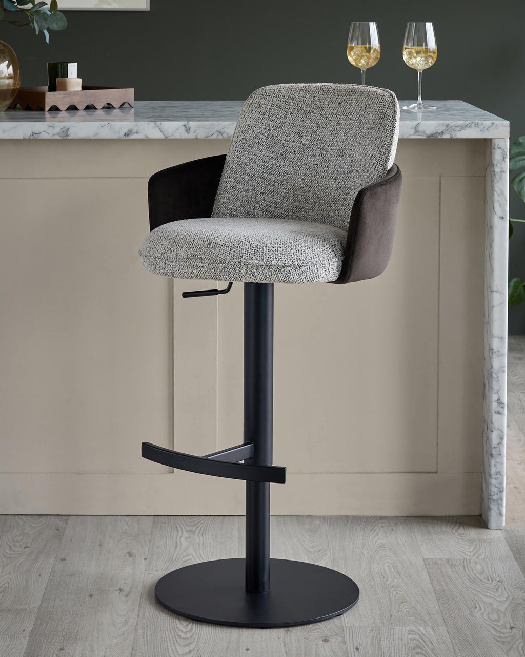 Wren grey fabric and mocha velvet gas lift bar stool