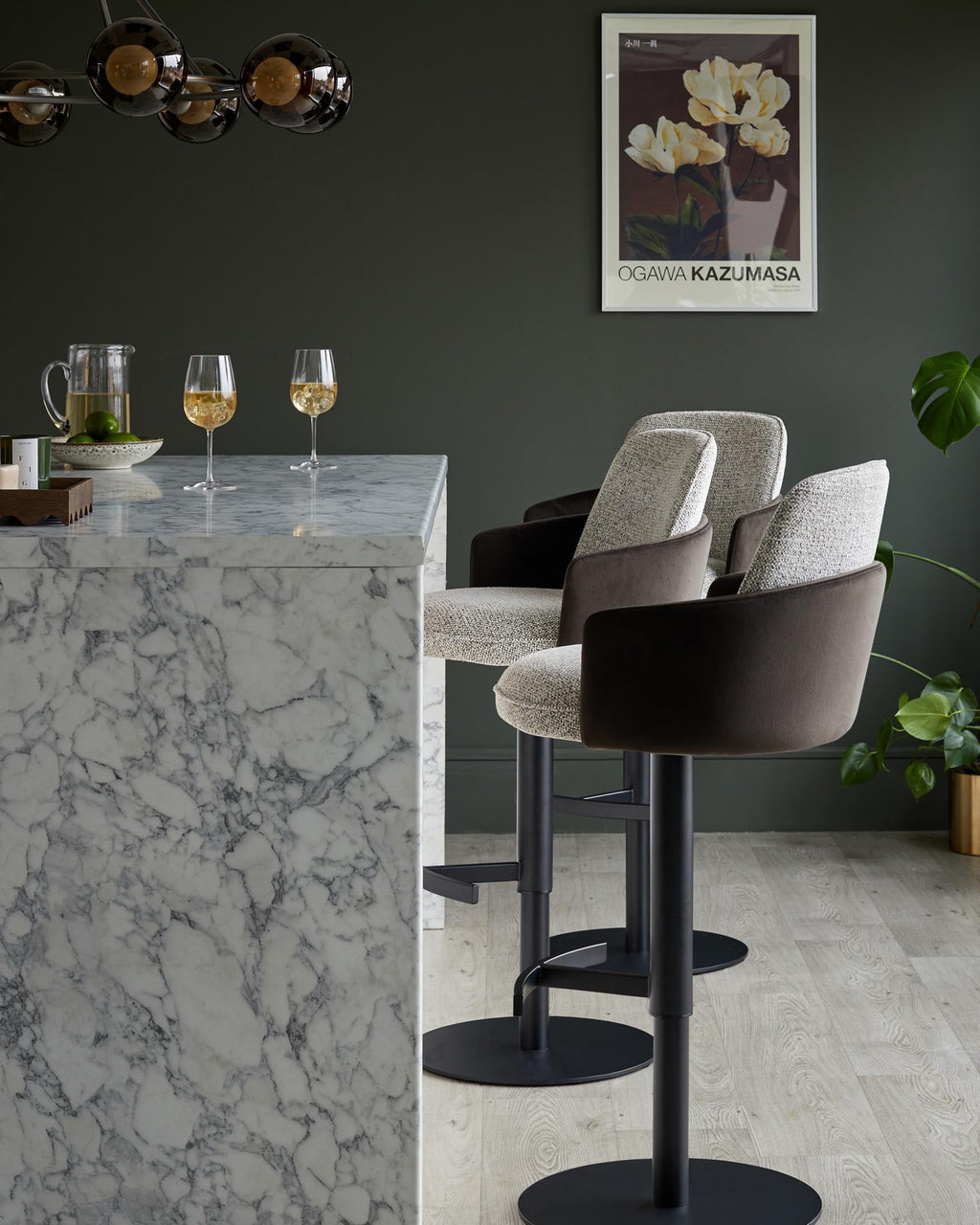 Wren grey fabric and mocha velvet gas lift bar stool