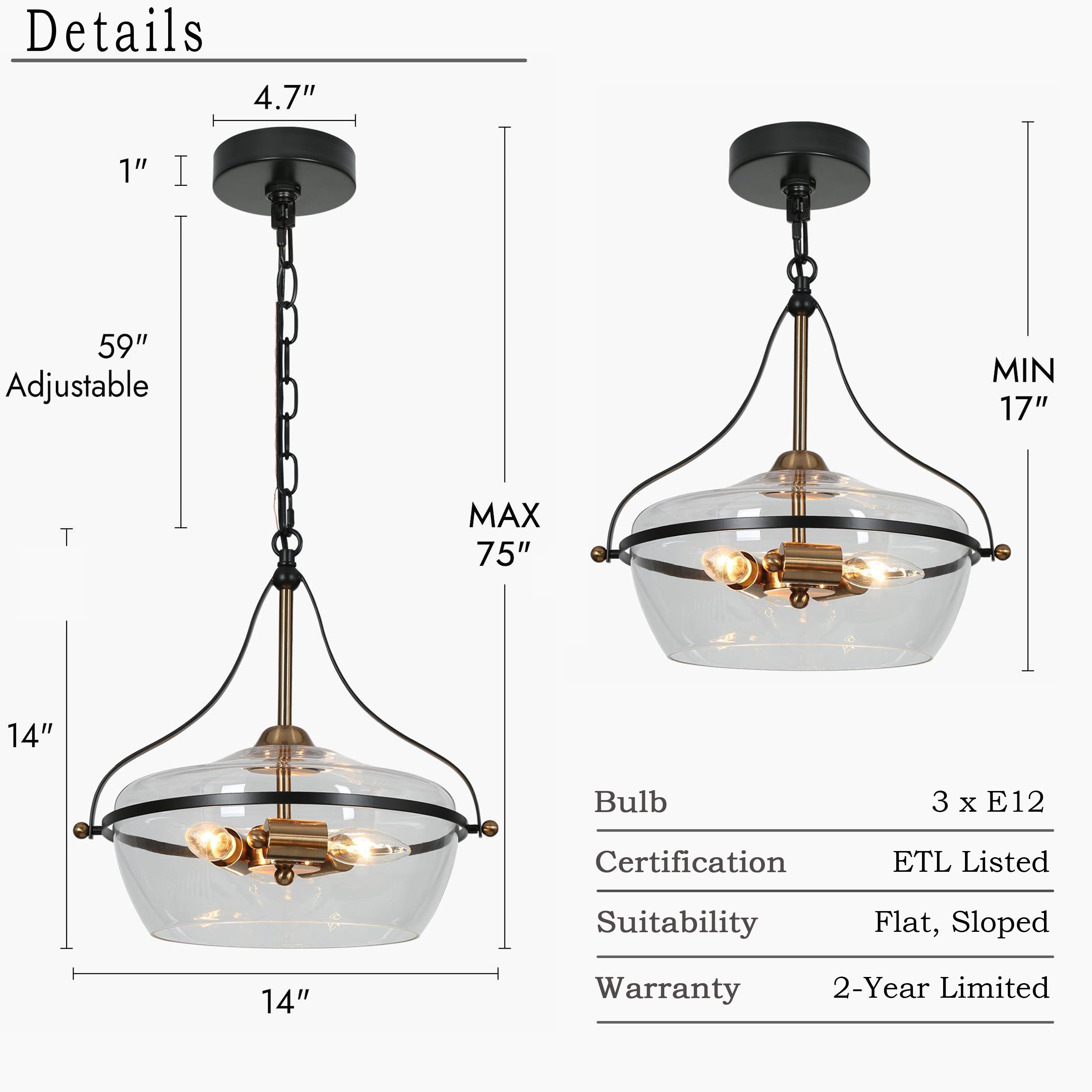 Zelena Modern Farmhouse Black Gold Chandelier 3-Light Glass Pendant Light for Kitchen Island Dining Room