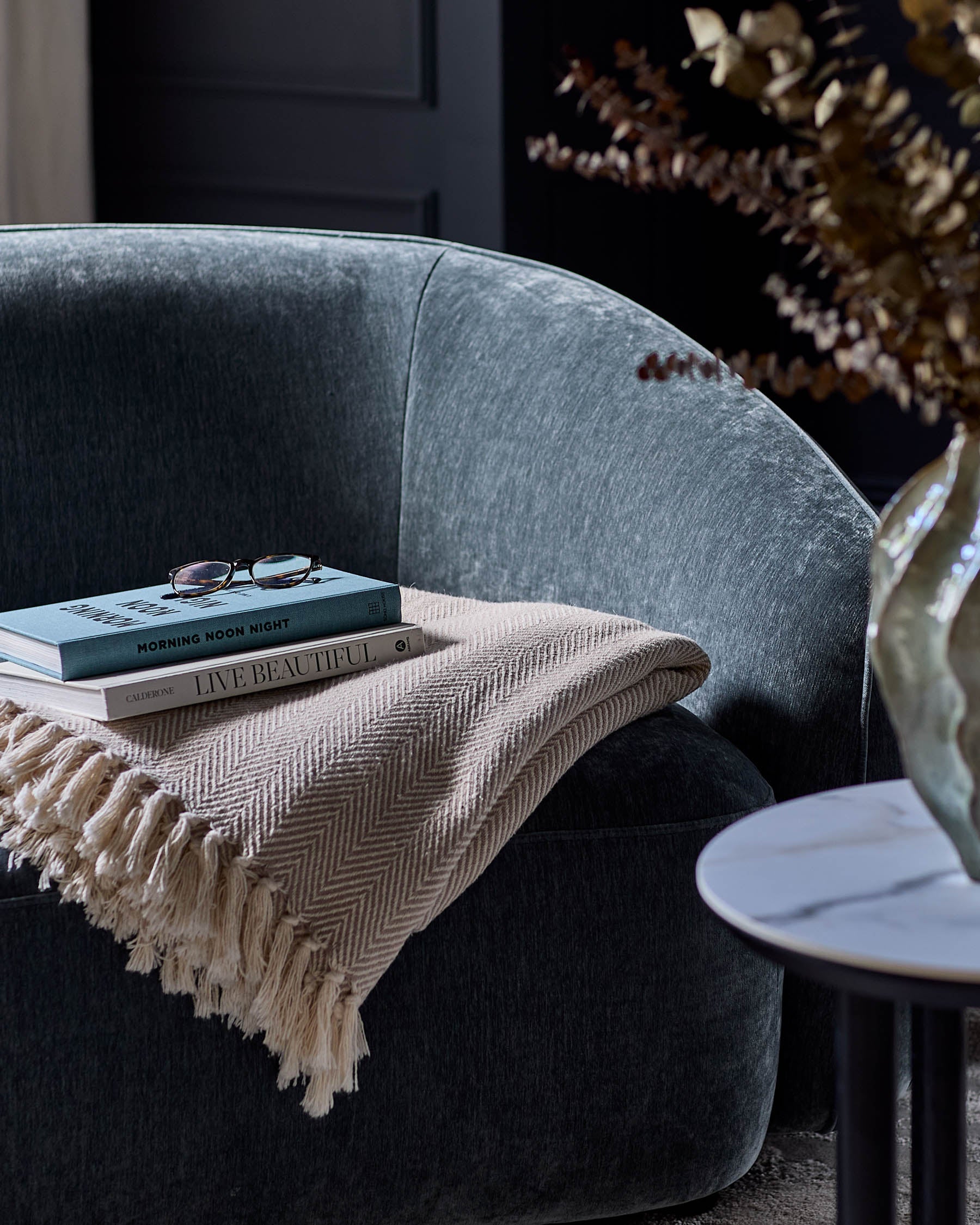 Zoey blue grey fabric armchair