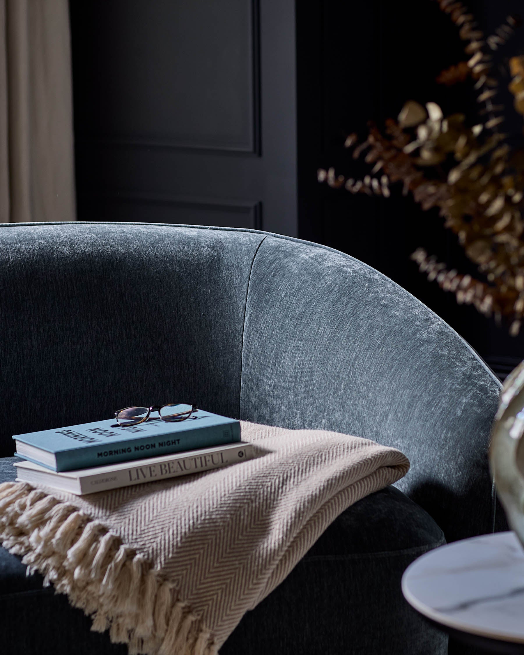 Zoey blue grey fabric armchair