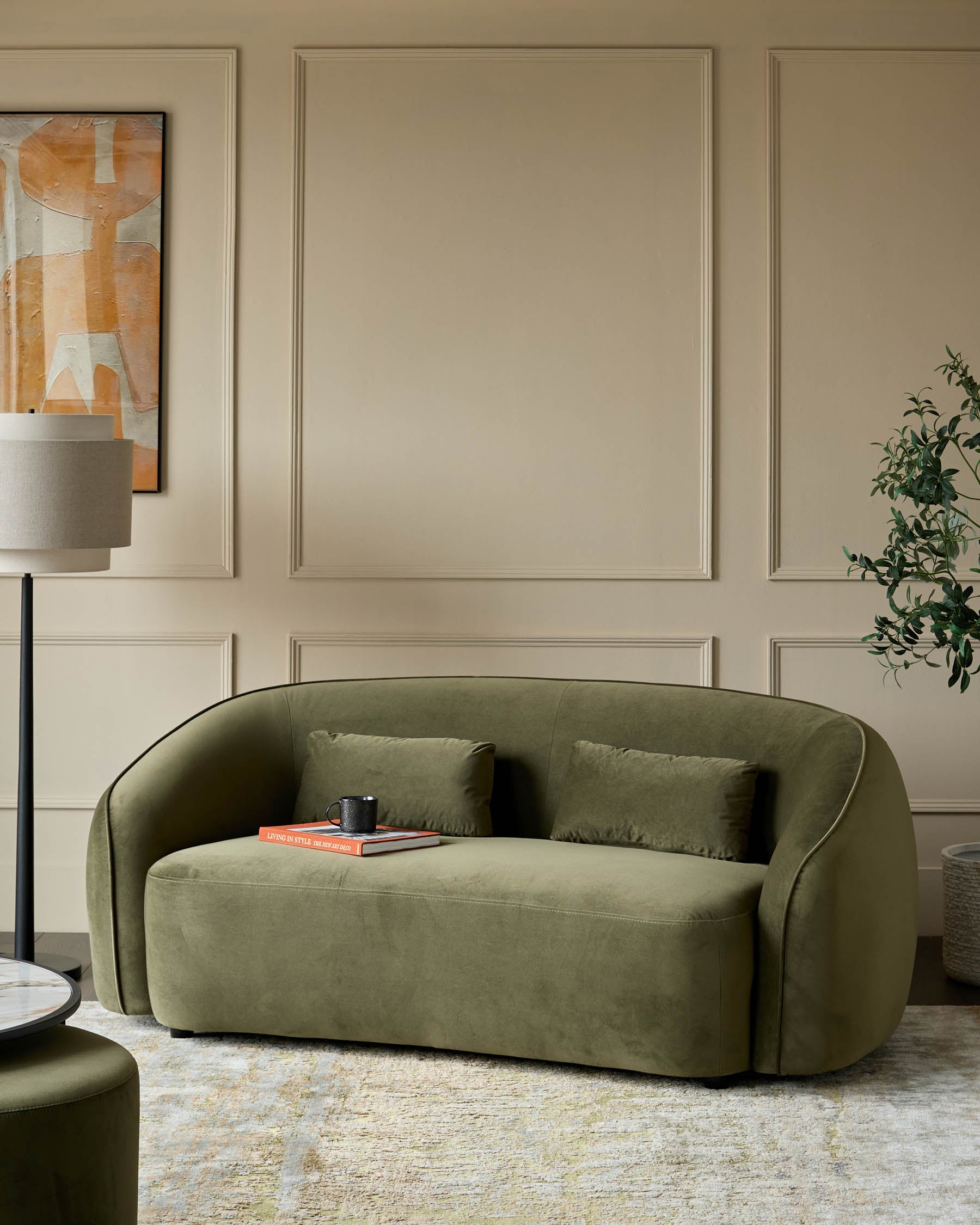 Zoey olive green velvet 2 seater sofa