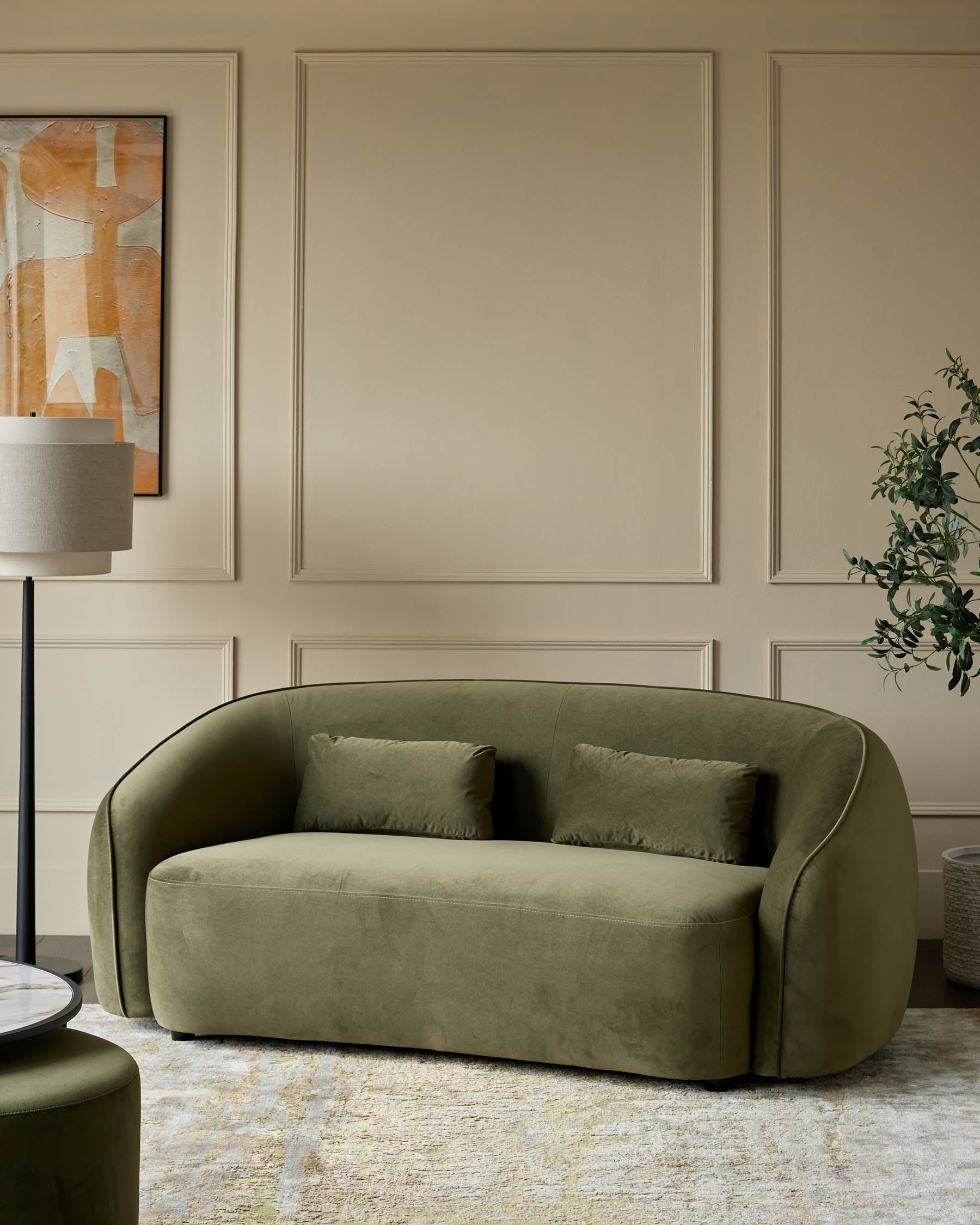 Zoey olive green velvet 2 seater sofa