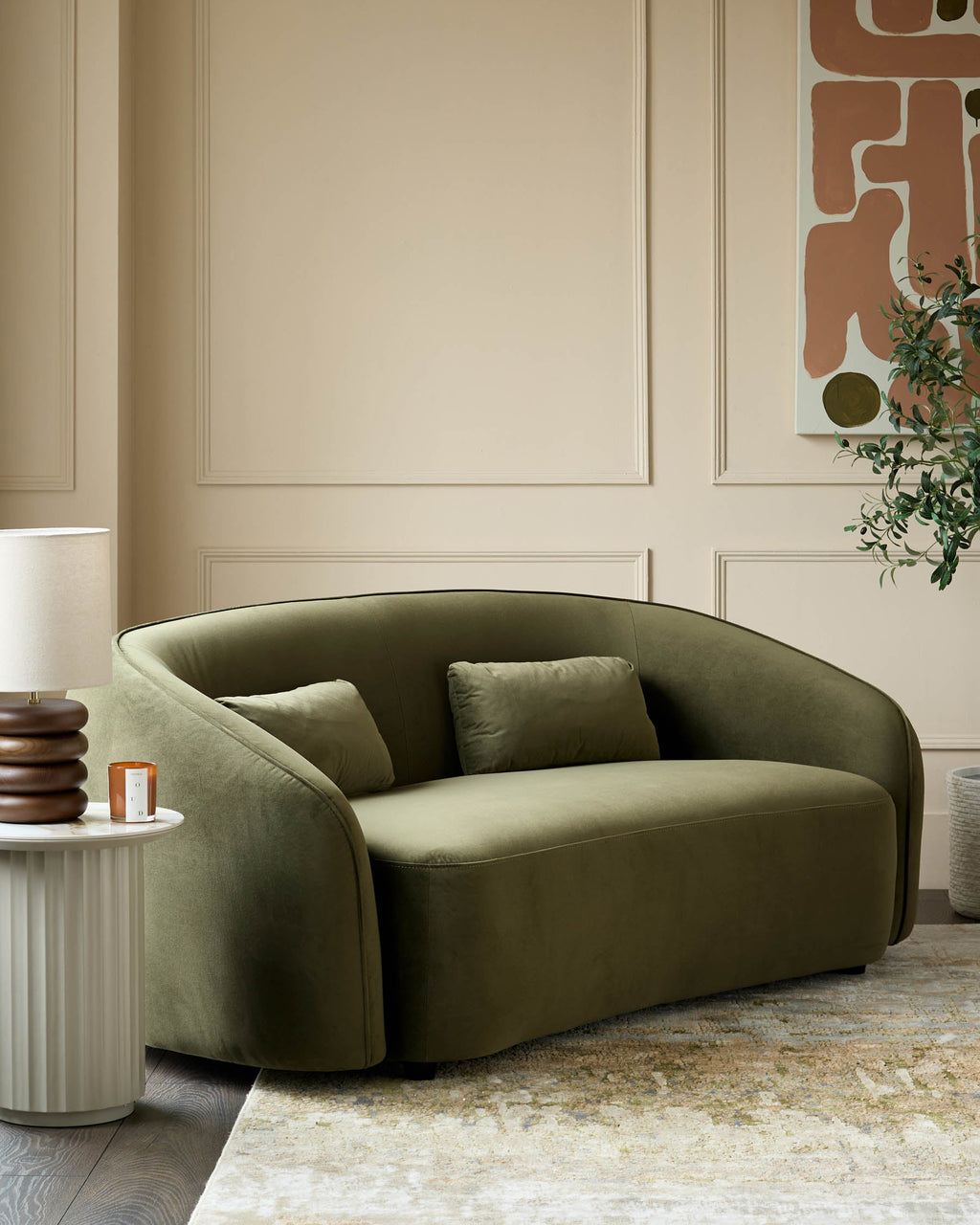 Zoey olive green velvet 2 seater sofa